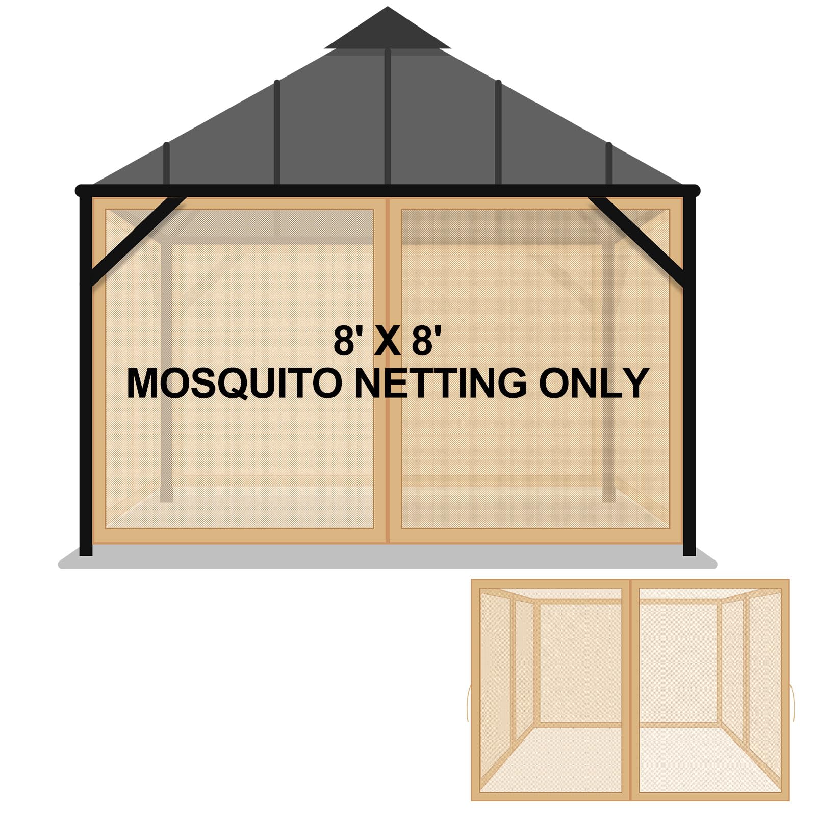 Tatuo Universal Replacement Mosquito Netting for Patio Gazebo Mosquito Net Camping 4 Panel Mosquito Net Gazebo Canopy Replacement Patio Mosquito Netting with Zipper for Porch (Khaki,8x8 ft)-picture-29