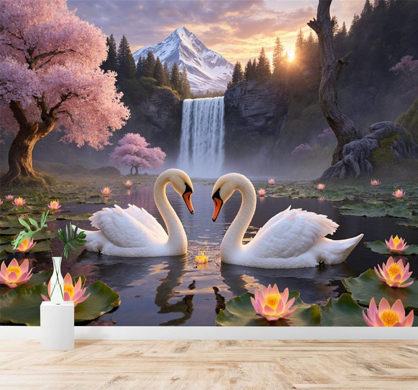XLMING Romantic Swans Lotus Flowers Waterfalls Cherry Blossoms 3D Wallpaper Silky Texture Home Study Office Grey Dining Room Sofa Bedroom Living Room TV Backdrop-350cm×256cm