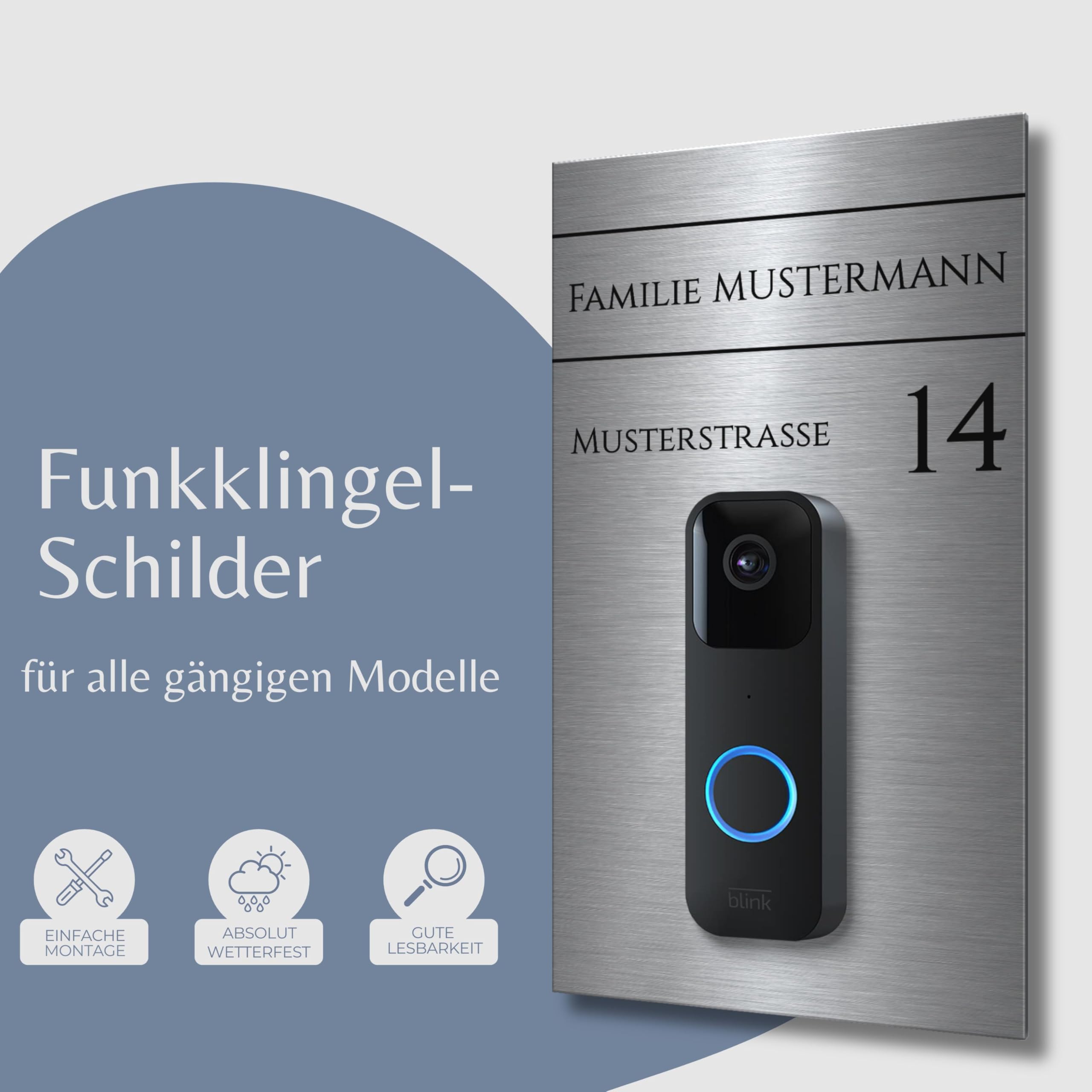 Hochwertiges Klingelschild für Eufy Dual S330 Video Türklingel - personalisiertes Namensschild aus Edelstahl mit Gravur | hochwertiges Funkklingel Zubehör