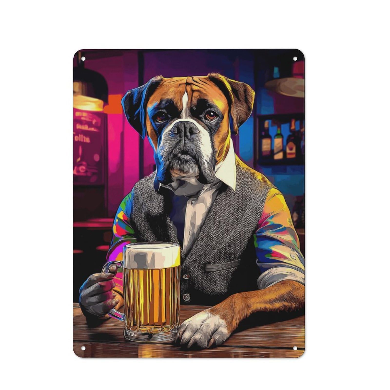 Junmoney Boxer Dog Enjoying A Beer In Bar Metal Plaque With Design 40X30cm, Vintage Bistro Wall Plaque For Coffee Bar, Kitchen, Bistro Or Tea Corner