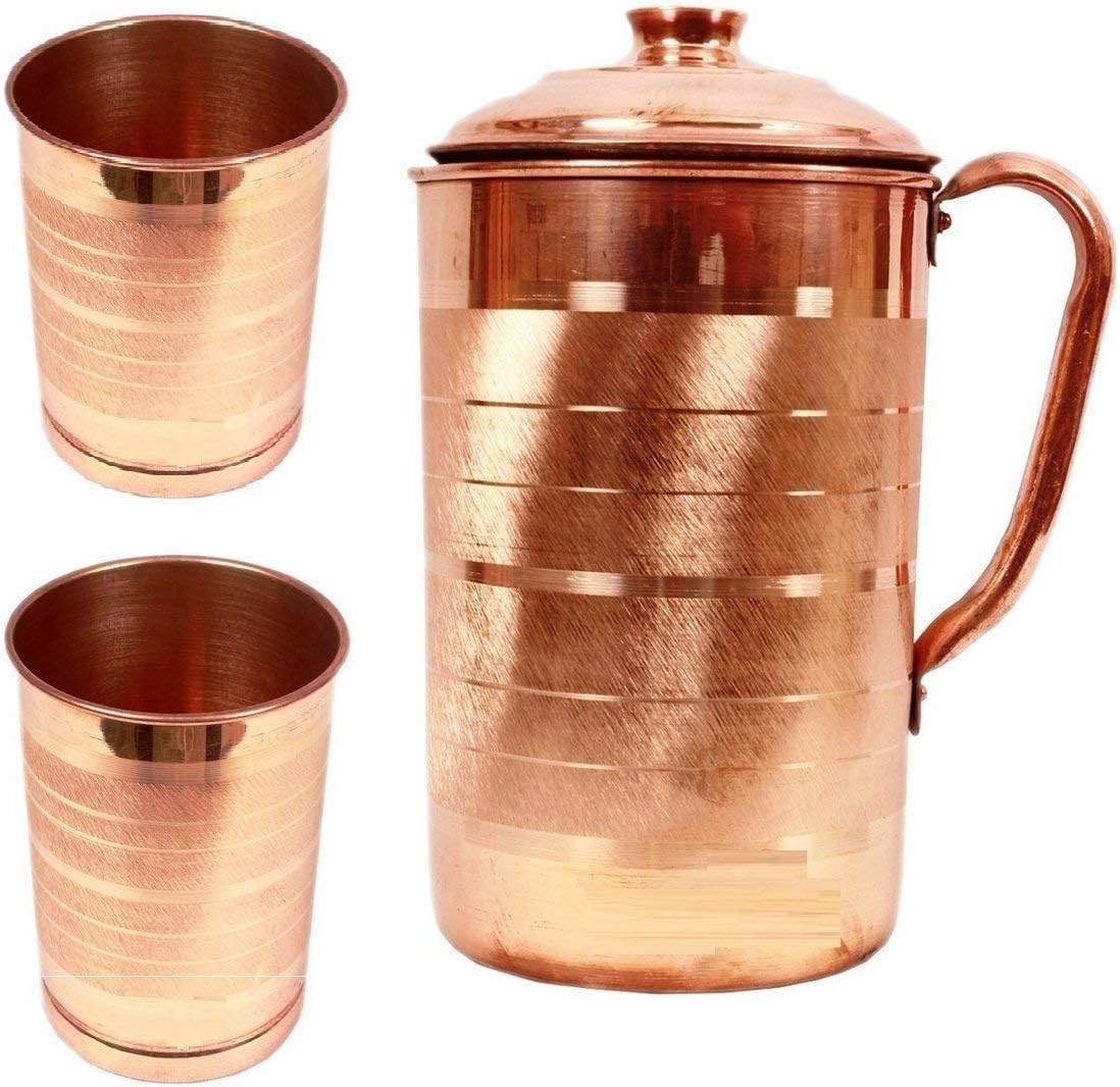 Avika - 100% Pure Copper Jug/Pitcher for Storage Water & Serve Ware, Good Health Benefits (Copper Jug- 1250 ML, 2 Glass- 300 ML)