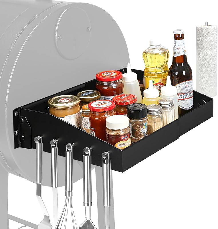 GRISUN Folding Side Shelf for Pit Boss 540 & 700FB Camp Chef Char-Griller | Adjustable sliding rail with 5 tool hooks, prep table shelf, fits Traeger Dyna-Glo pellet and gas grill universal