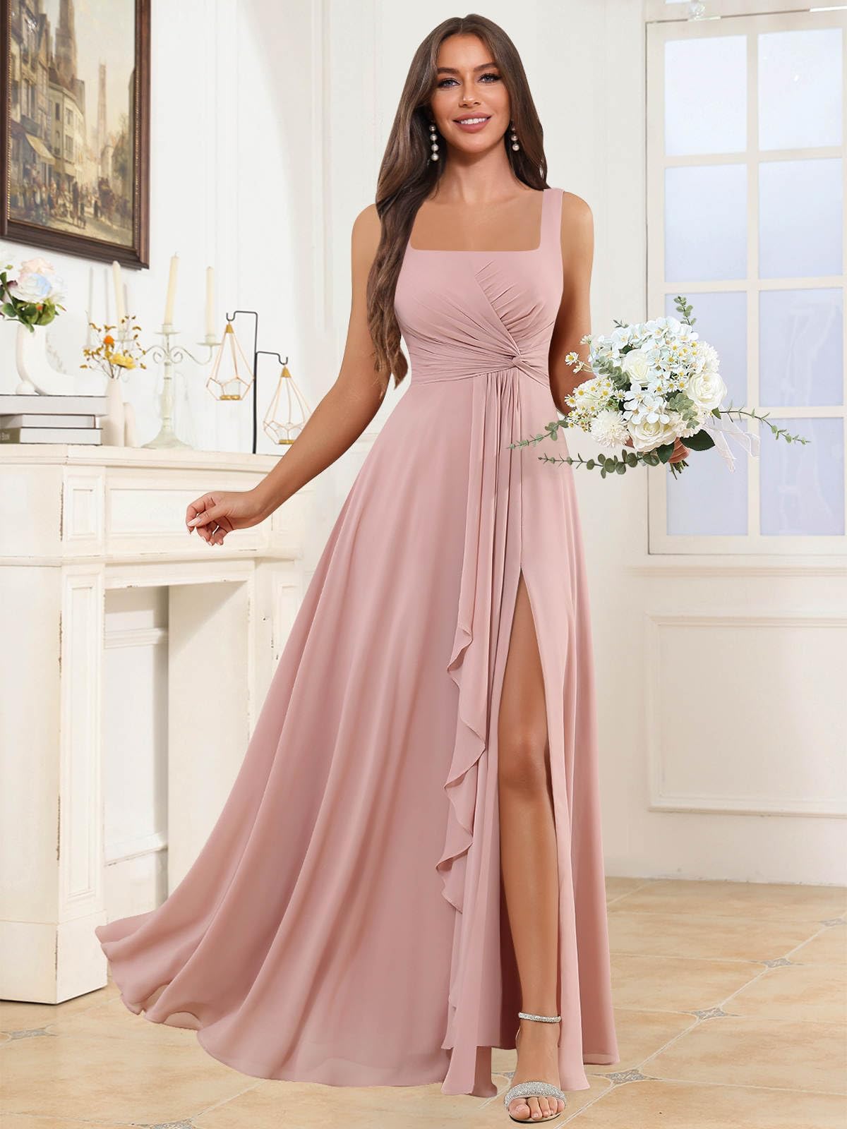 Damen Chiffon Brautjungfernkleider Lang - Quadratischer Ausschnitt Abendkleider Für Hochzeit A Line Plissiert Festlich Elegant Maxi Kleid Mit Taschen