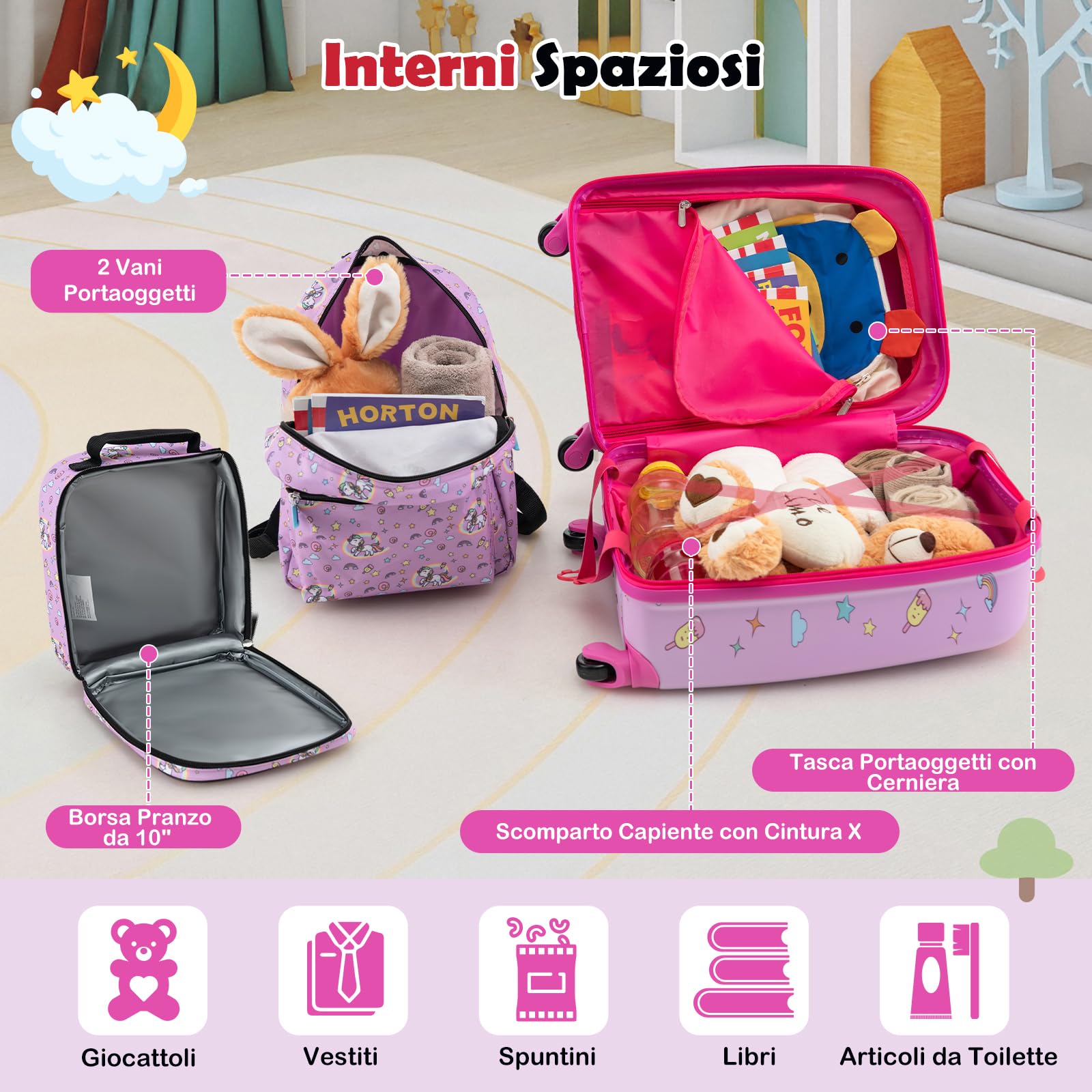 RELAX4LIFE Set di Valigietta per Bambini da 5 Pezzi con Valigia da 38 cm a Mano, Zaino da 33 cm, Cuscino per il Collo, Borsa Pranzo Isolata, Etichetta, Valigia con Ruote Rigide (ROSA)