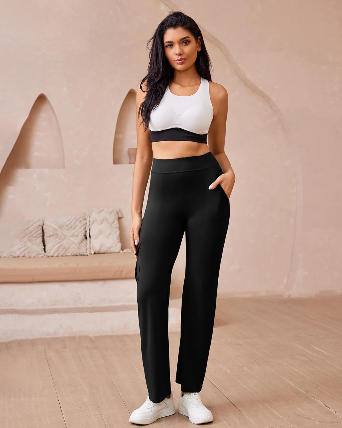 Women's Straight Leggings with Pocket No Front Seam Yoga Gym Cargo Pant High Waisted Tummy Control Soft Bootcut Pants - Image 6