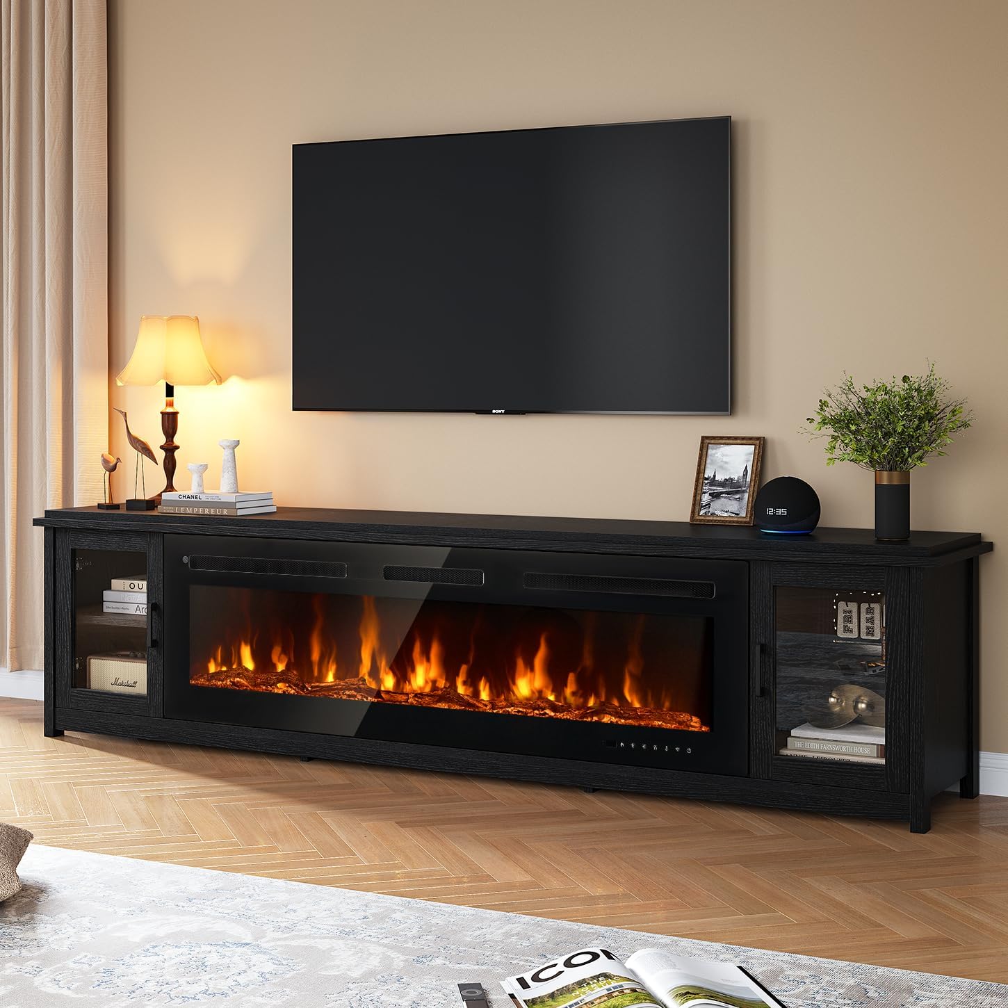 oneinmil 90" Fireplace TV Stand, 60 Inch Smart Fireplace & Modern Entertainment Center, Fire Place TV Console with WI-FI Enabled for TVs Up to 100", TV Stands for Living Room, Black