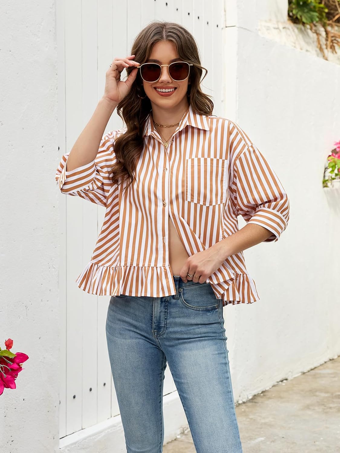 Womens Cropped Striped Shirts Button Down Half Sleeve Ruffle Bottom V Neck Casual Summer Blouse Tops - Image 2