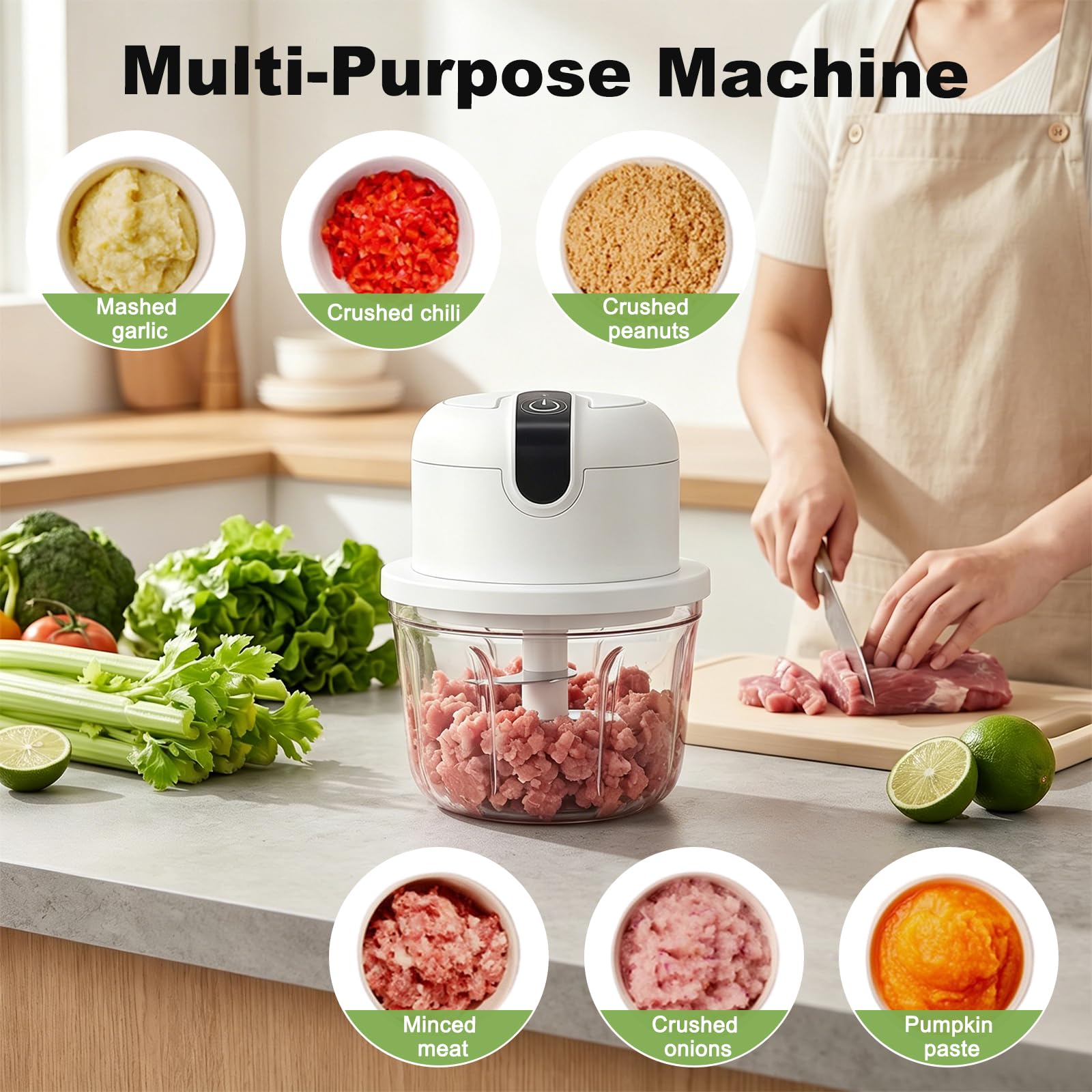 Elektrischer Küchenzerkleinerer, Mini Zwiebel Zerkleinerer Elektrisch, Zwiebelzerkleinerer Elektrisch 350ml, Kabelloser Zwiebelzerkleinerer für Zwiebeln,Obst,Nüsse,Fleisch,Knoblauch