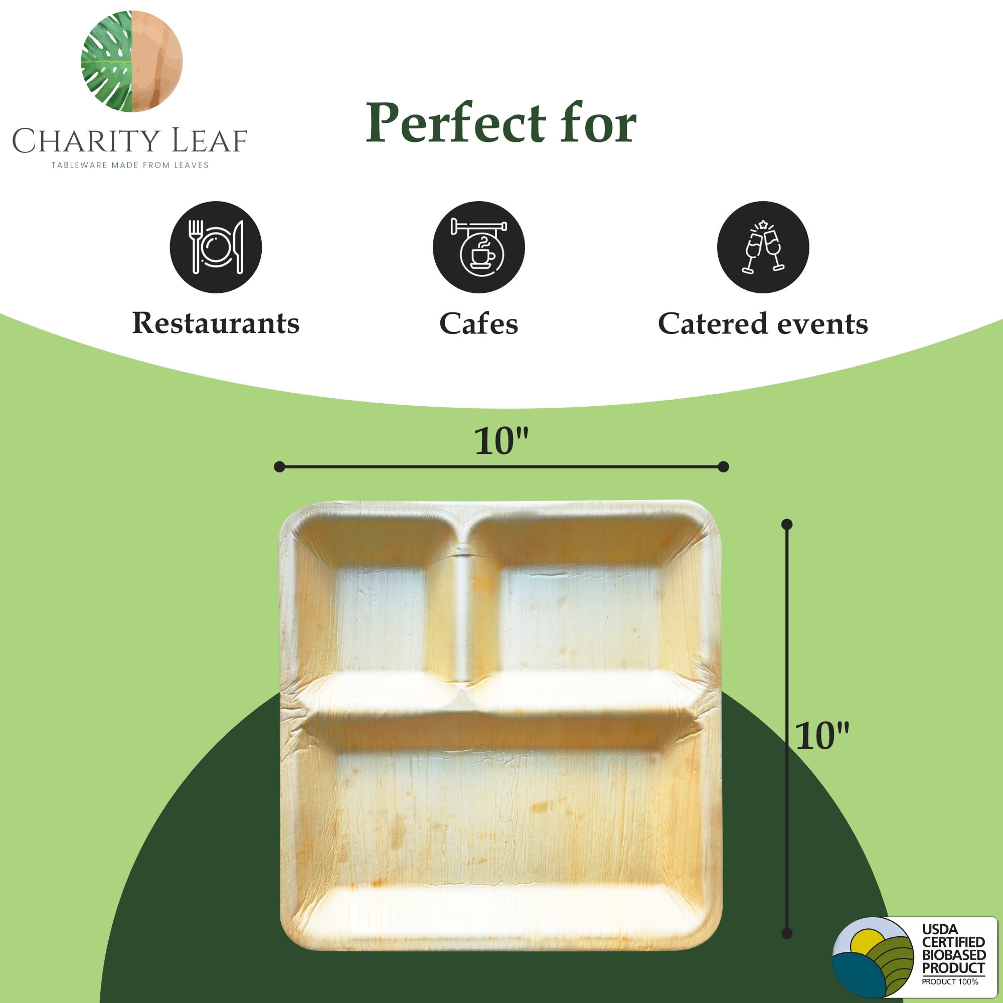Charity Leaf Platos de cena compostables de hoja de palma con compartimento cuadrado de 10 pulgadas (paquete de 25) | Premium, 100% natural, desechable, resistente, perfecto para fiestas, bodas y