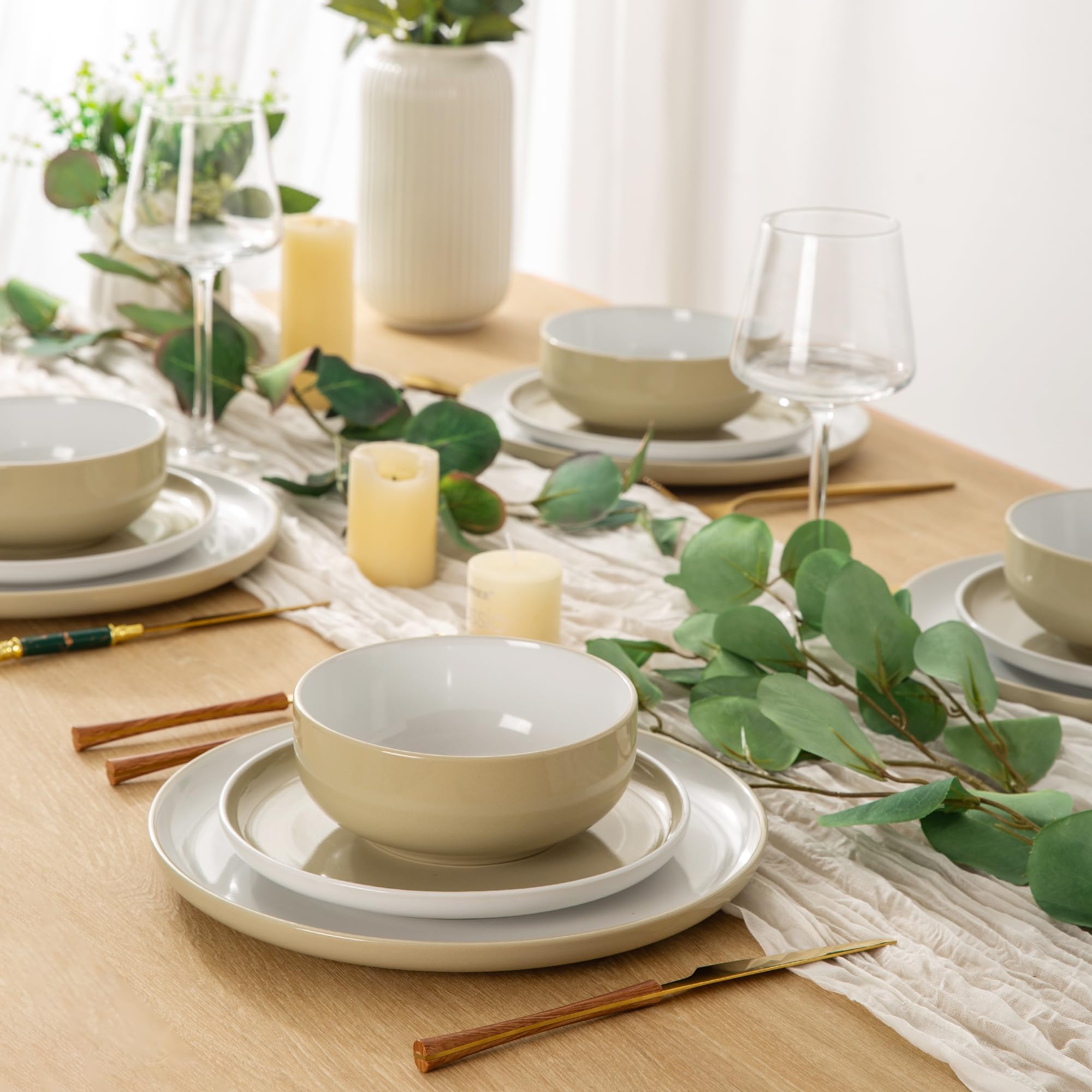 GBHOME Ceramic Dinnerware Sets,Double Color Glaze Plates and Bowls Set,Highly Chip and Crack Resistant | Dishwasher & Microwave Safe | Round Dishes Set Service for 4 (12pc)