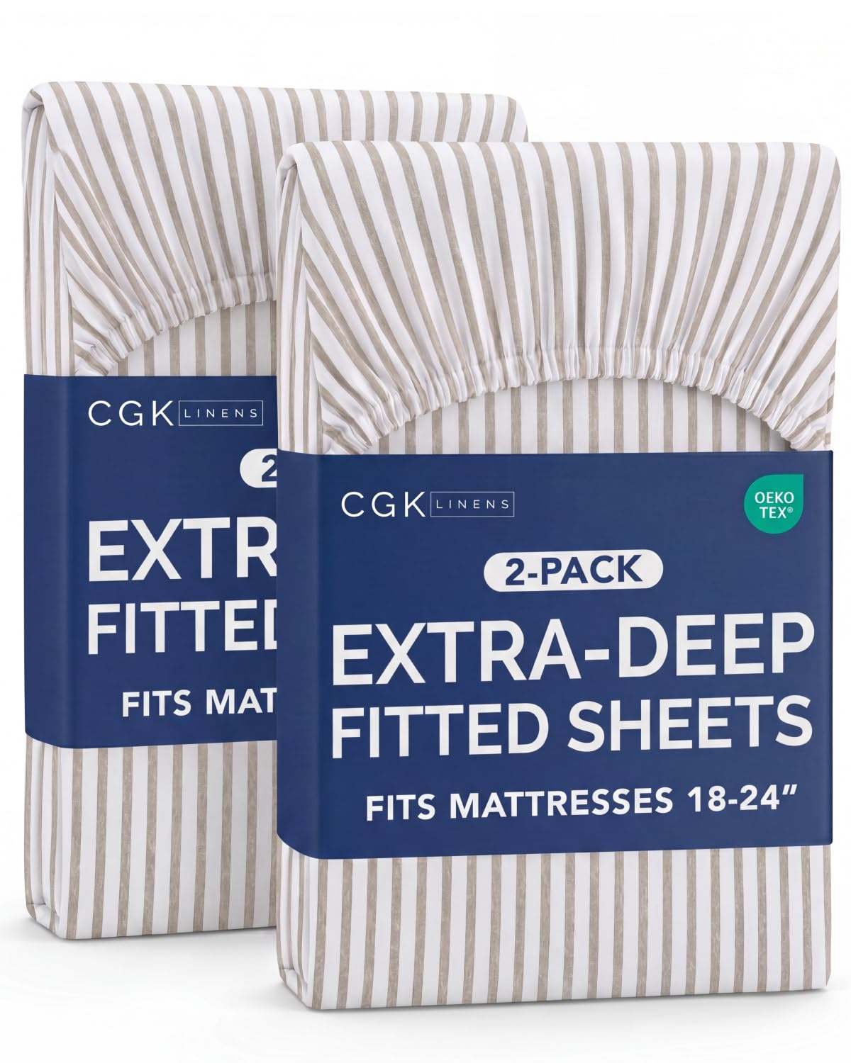 CGK Linens 2 Pack Extra Deep Cal King Fitted Sheets - Beige Stripes