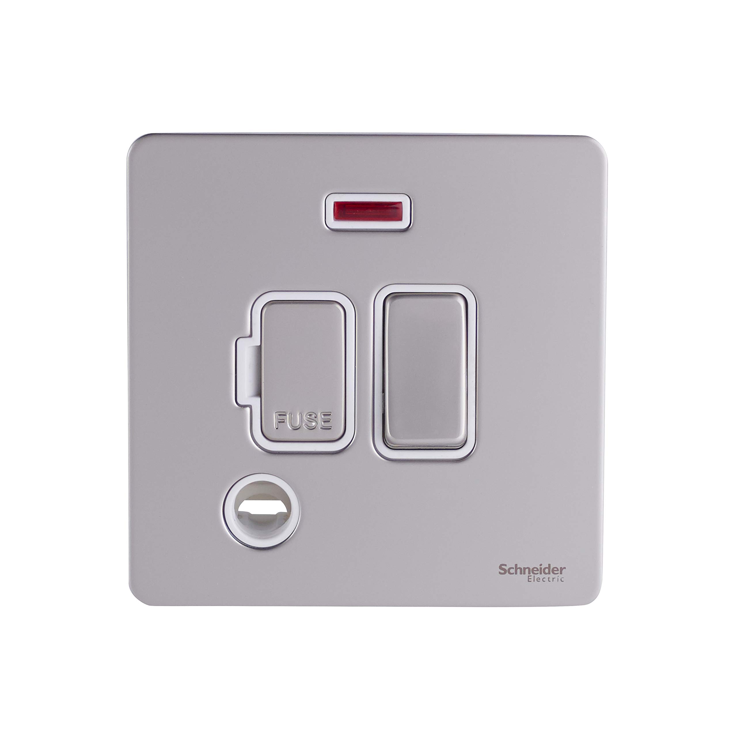 Schneider Electric Ultimate Screwless Flat Plate - Switched Fused Connection Unit, with LED Neon Indicator and Flex Outlet, 13A, GU5414WPN, Pearl Nickel with White Insert