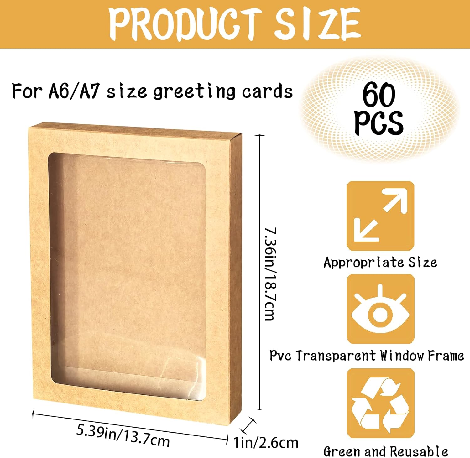 60 Pcs Greeting Card Storage Box, Kraft Paper Box with PVC Transparent Window Greeting Card Holder Bulk for A7 Paper Photo Frame Card Envelope Biscuit, 5.39 x 7.36 x 1 Inches, Rectangle