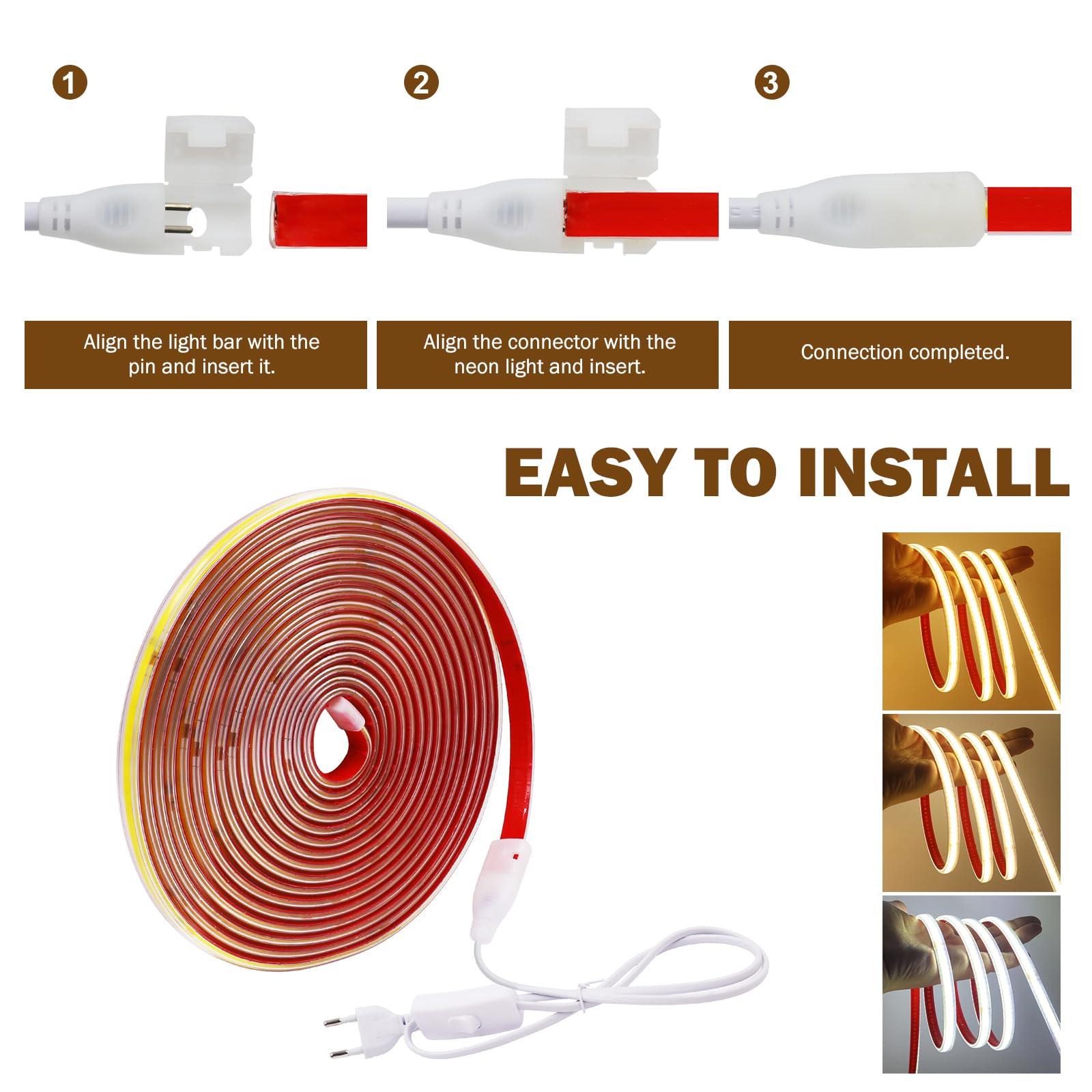 Tira LED COB 220V Con encendido/apagado [34M, Blanco 6000-6500K], IP65 impermeable flexible, 240 LEDs/m tira LED cortable CRI85+, iluminación decorativa para hogares y tiendas