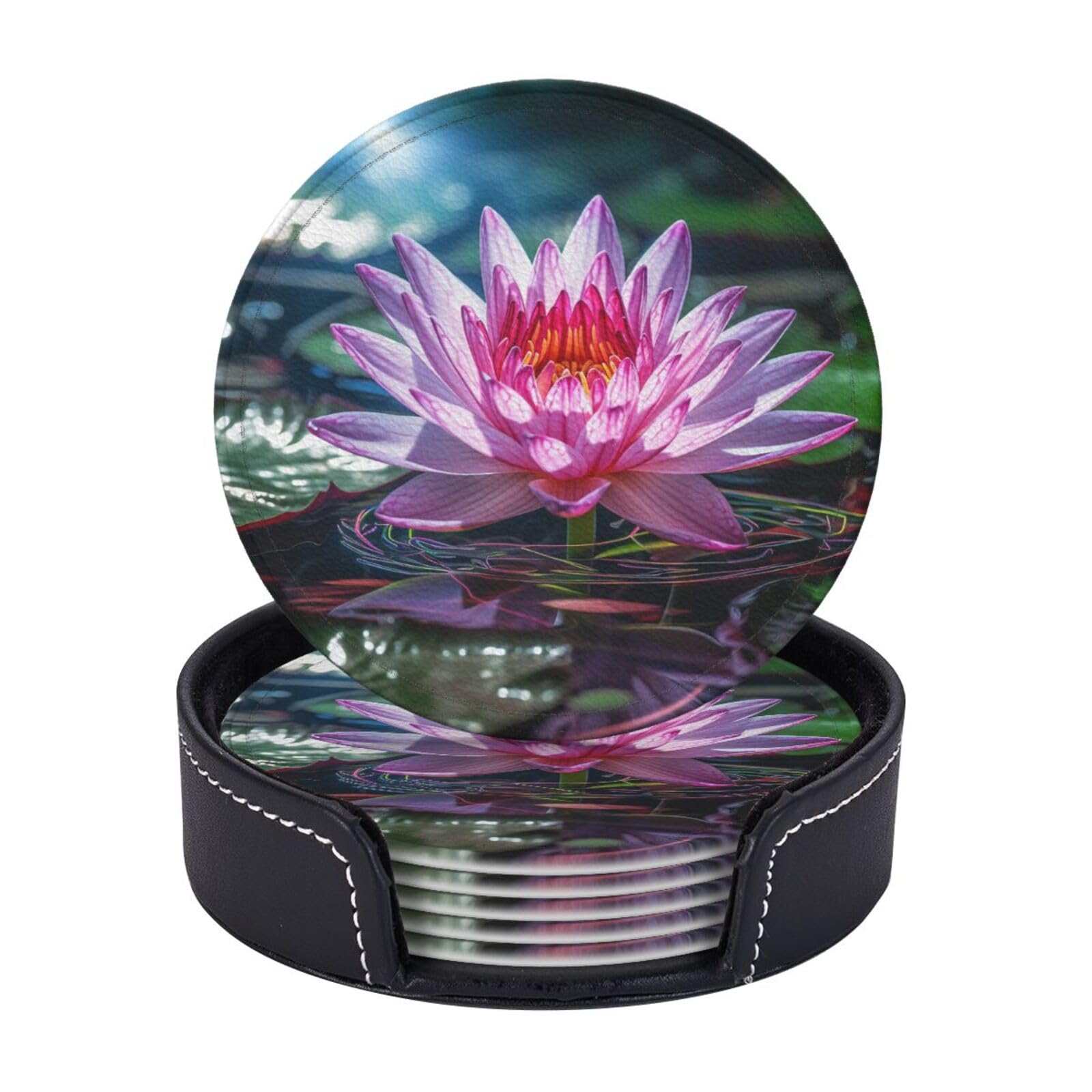 Coasters Set of 6 Leather Drink Coasters with Holder Water Lily Light and Shadow Coasters for Drinks Heat Resistant Coaster Round Coffee Cup Mat Pad for Kitchen Office Home Decor
