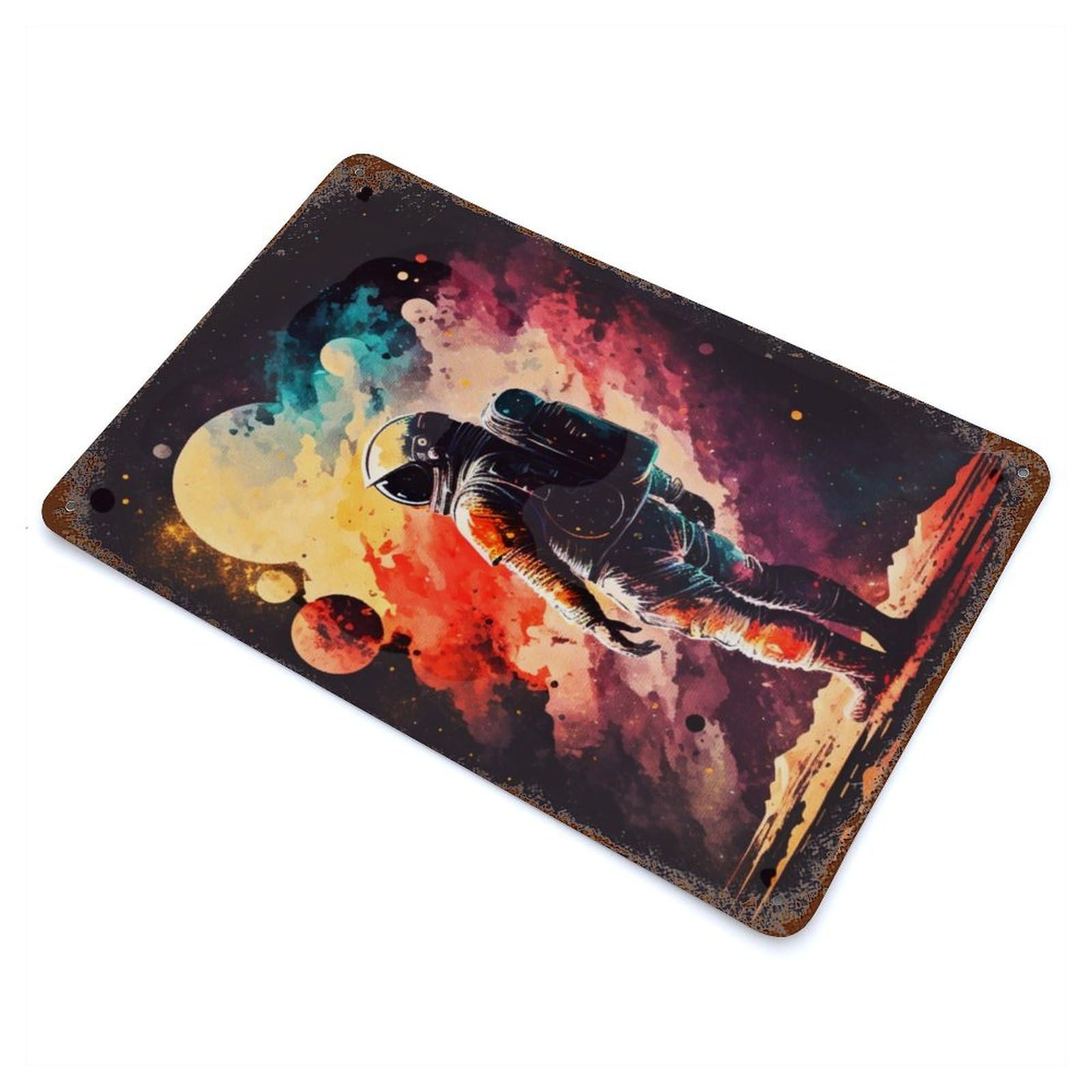Rust Effect Splatter Astronaut Rusty Metal Tin Sign 11.8"x7.9", Old School Wall Decor for Basement, Hobby Room And Garage Decor