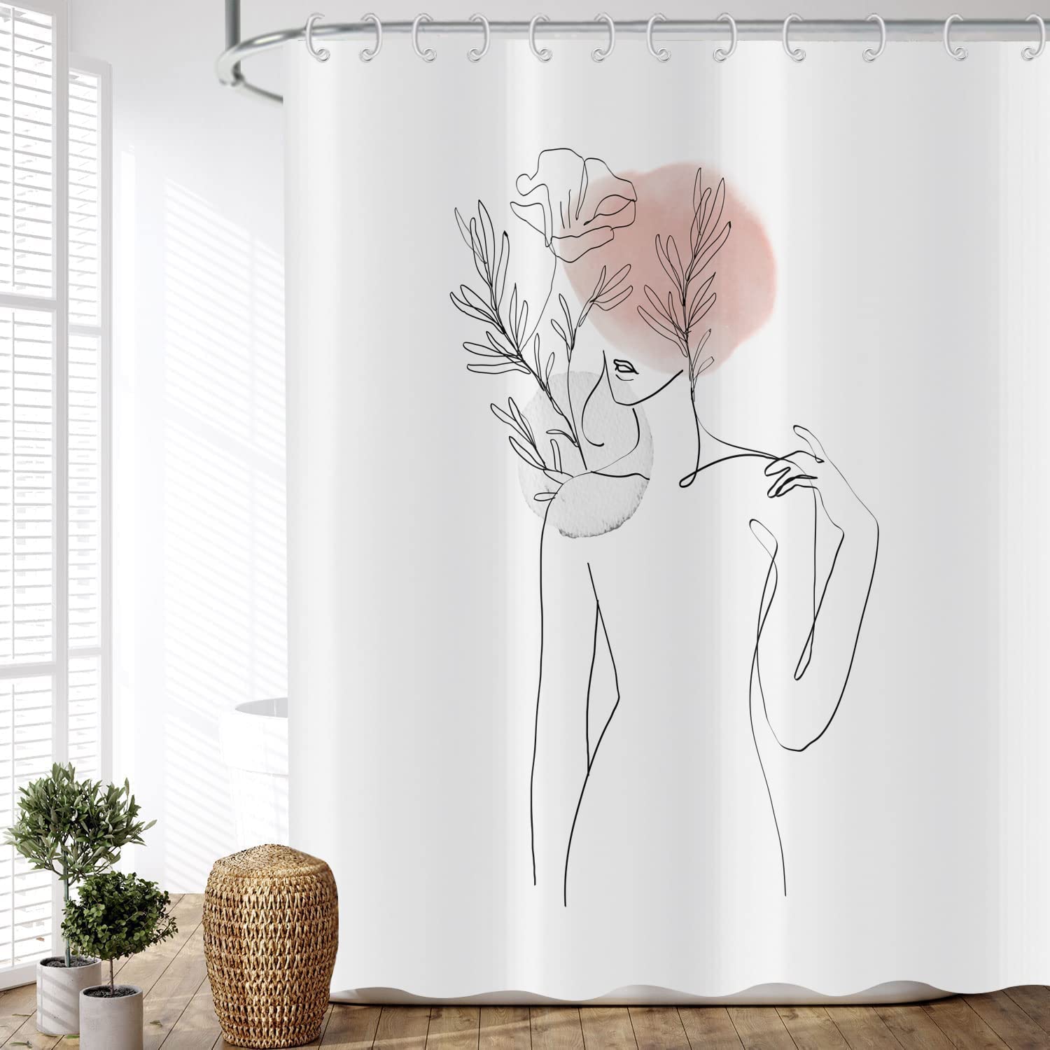 ASDCXZ Shower Curtain Boho Style 165x180 cm, Modern Abstract Art Minimalism Girl Body Curve Flower Leaves Washable Shower Curtains Textile Waterproof Shower Curtain for Bathtub with 12 Hooks โ image 1