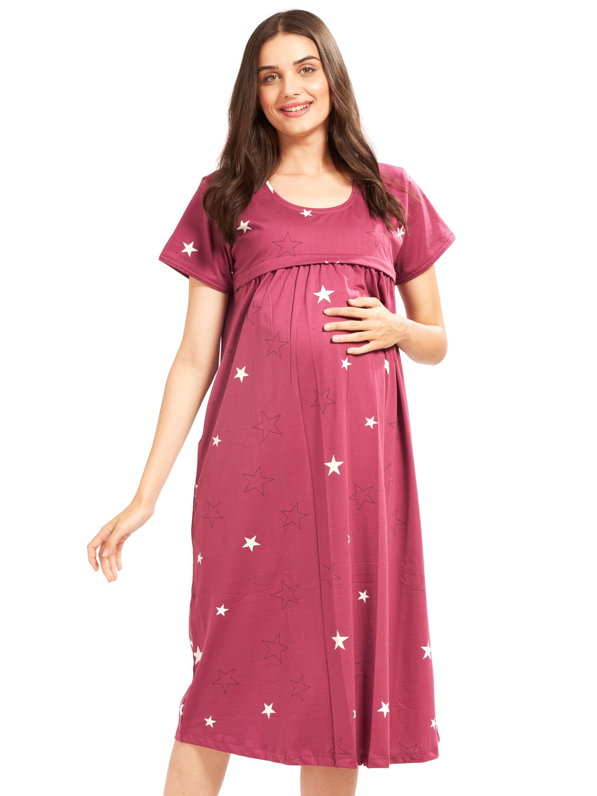 Women Cotton Printed Maternity Nursing & Feeding Relaxed Fit Nighty -3149-image-32