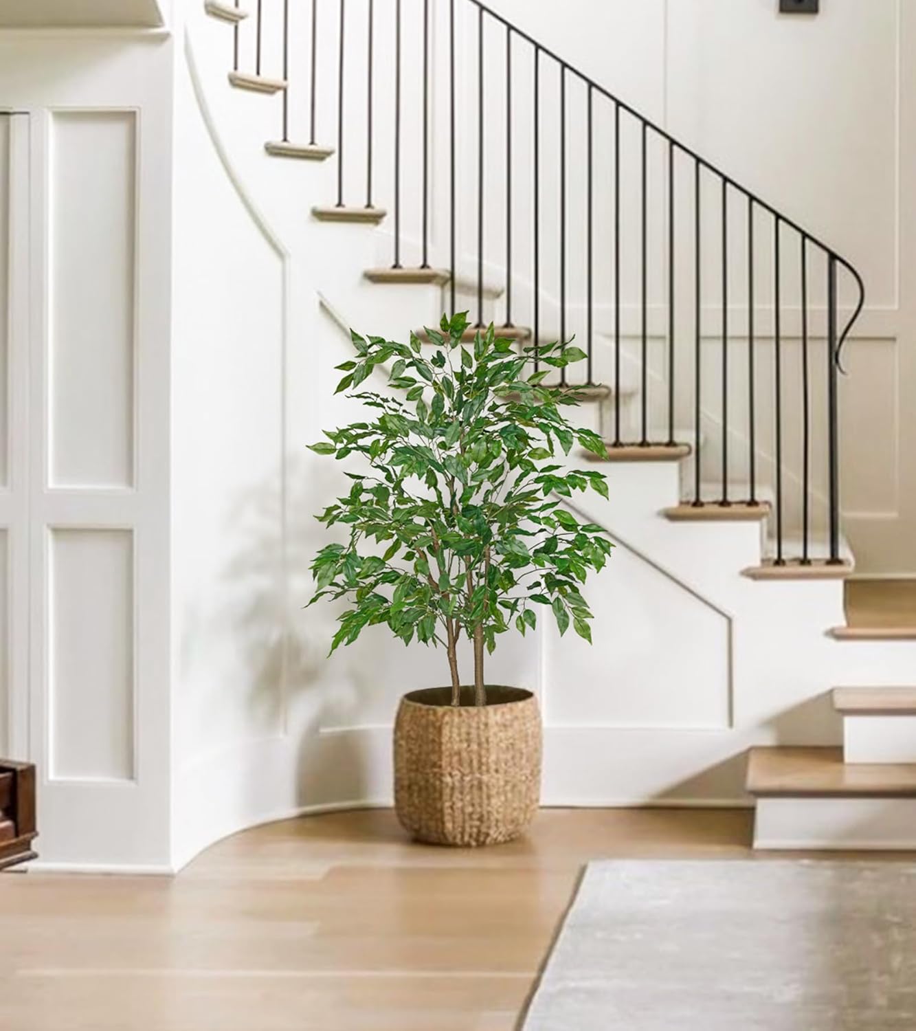 2 Pc Artificial Ficus Tree 4ft Silk Fake Ficus Leaves Plant 120cm Potted Faux Ficus Tree with Decorative Moss Dual Trunks Indoor Outdoor Faux Green Tree for Home Garden Office House Livingroom Décor
