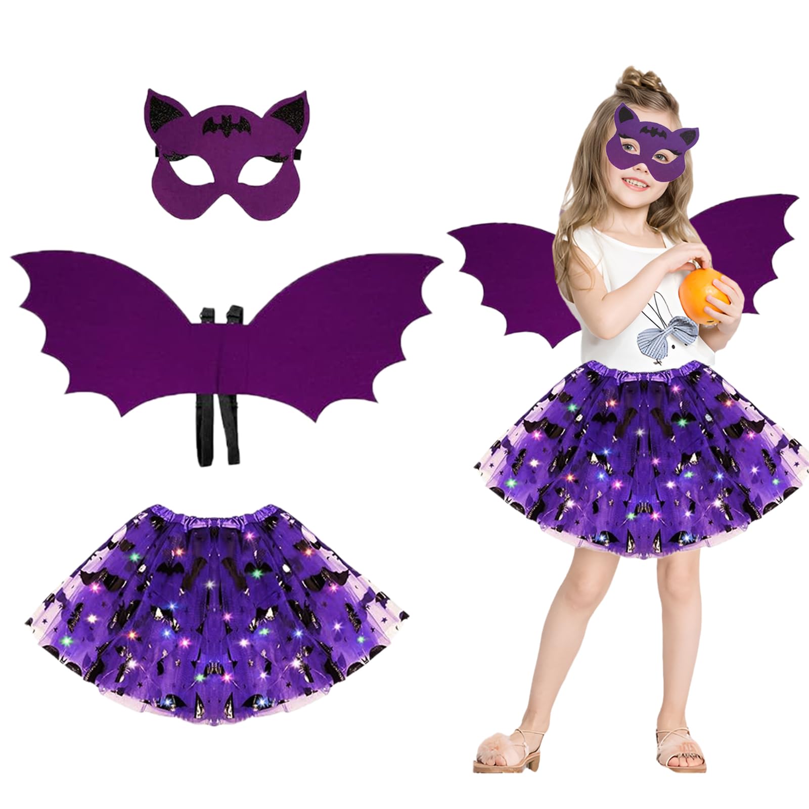 23GUANYI 3 Piece Bat Costume for Kids, Purple Girls Halloween Costume Set with Bat Wings Mask and Tutu Dress with Built-in LED Fairy Lights for Halloween Cosplay Party