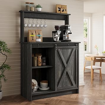 4ever2buy Farmhouse Coffee Bar Cabinet with Hutch, 31 Inch Coffee Bar Hutch with Sliding Barn Door & 6 Hooks for Living Dining Room, Dark Oak | Sliding Barn Door