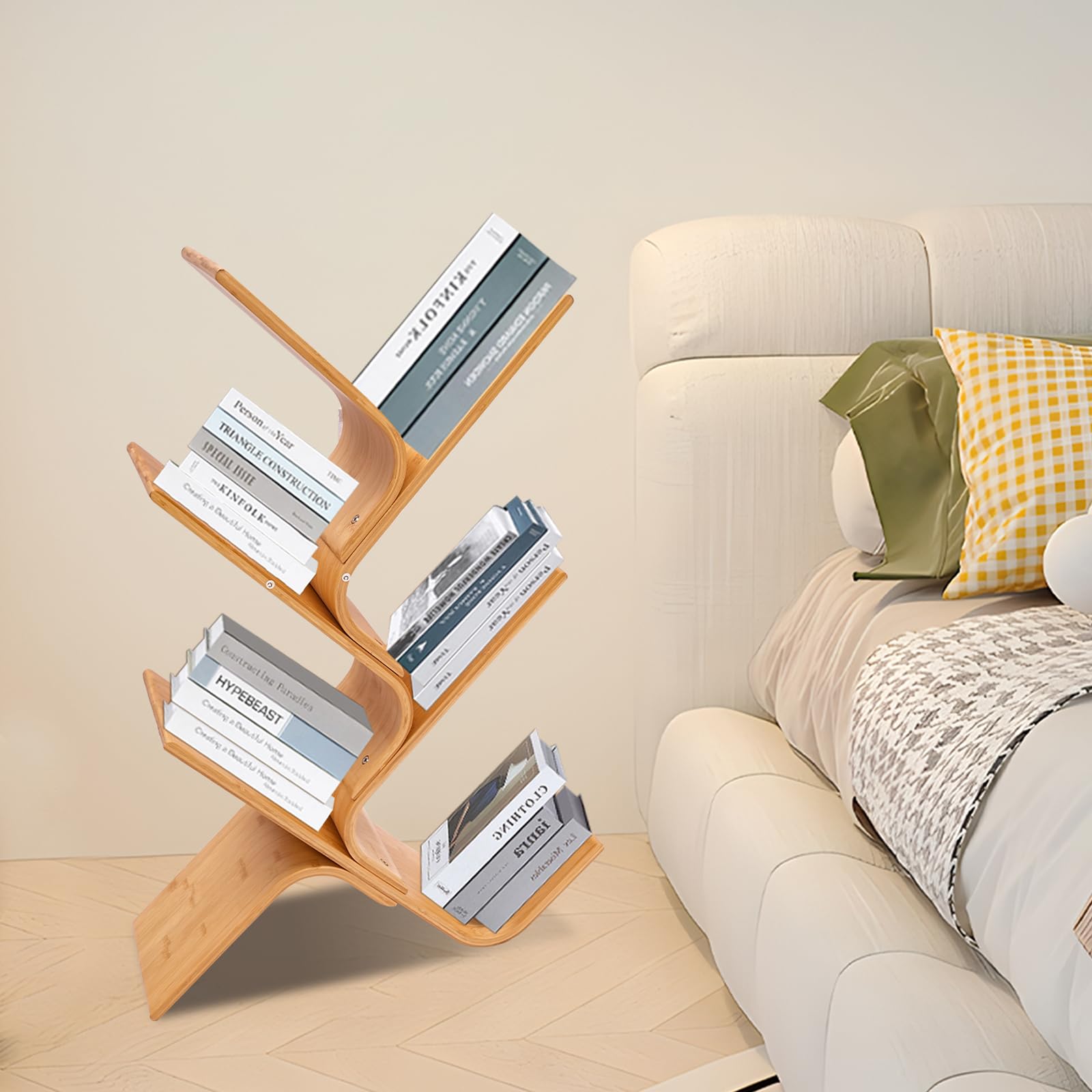 Librería de 5 pisos, estantería moderna de bambú, diseño de árbol, estantería para salón, dormitorio, oficina, estantería abierta, aspecto de madera natural, 91 cm de alto