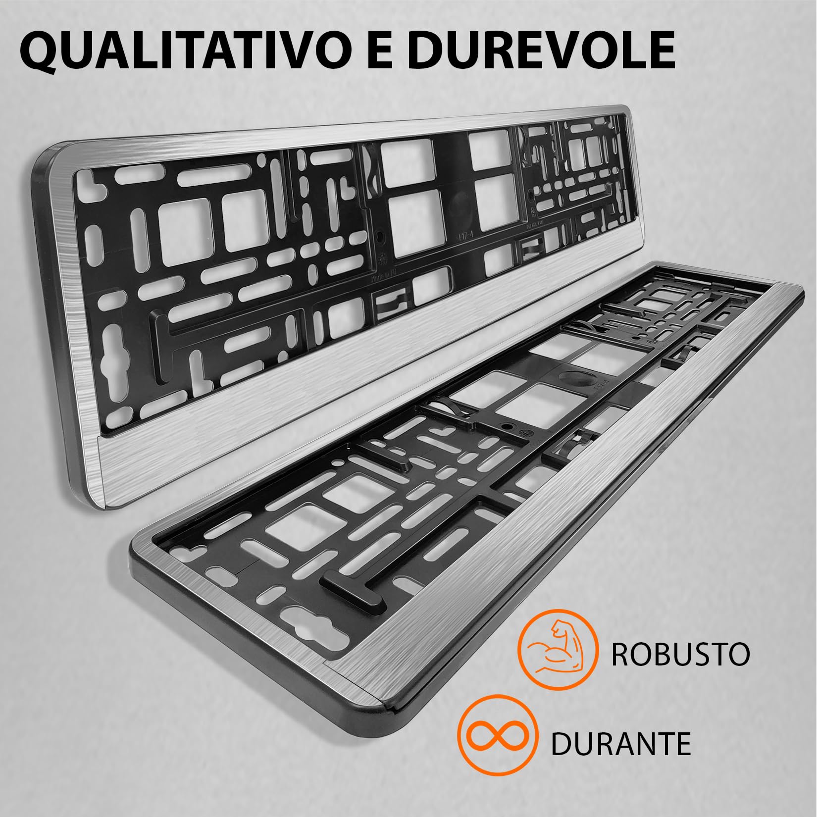 L&P Portatarga Auto - 2 pezzi - [semplice, durevole e sicuro] - 8 viti - 520x110 mm Alluminio spazzolato - Porta Targa - adatto a qualsiasi auto - per targhe italiane omologate - Fissaggio Targa