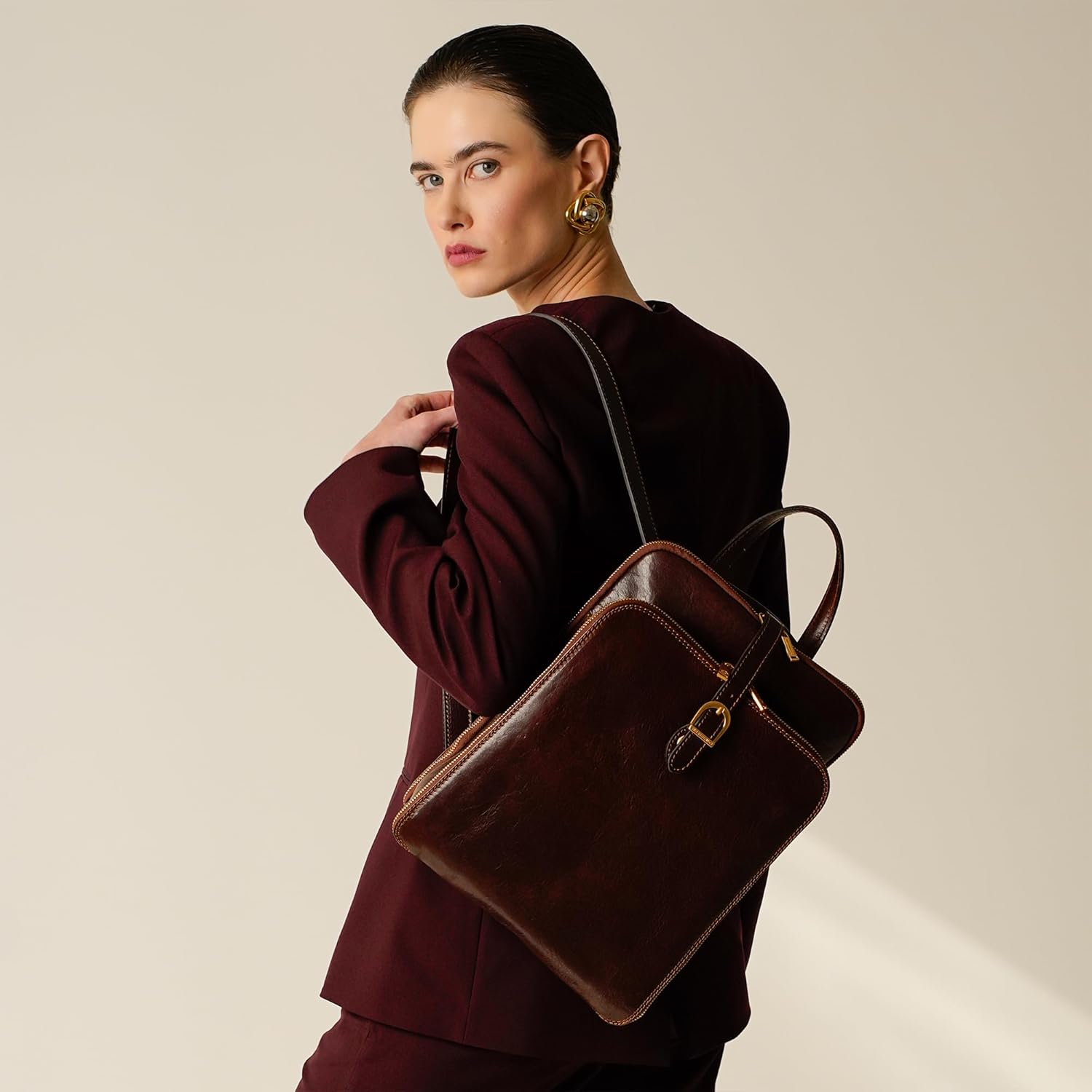 Time Resistance Leather Backpack - Convertible to Shoulder Bag - Full Grain Real Leather Travel Rucksack for Women (Brown) - Image 2