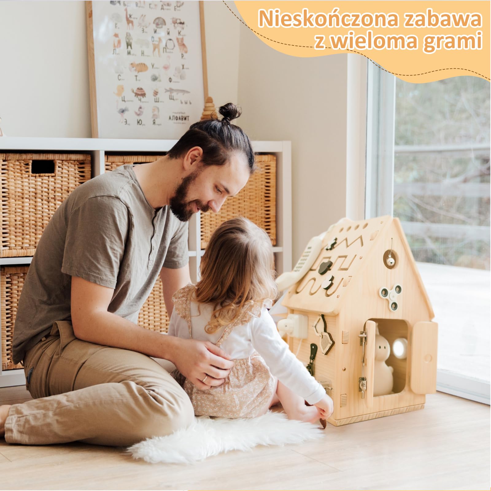 Montessori Drewniany Busy House Tablica Manipulacyjna Zabawka dla Małych Dzieci, Przedszkolna Zabawka Edukacyjna, Tablica Sensoryczna do Rozwoju Motoryki Małej, Prezent dla Chłopców i Dziewczynek