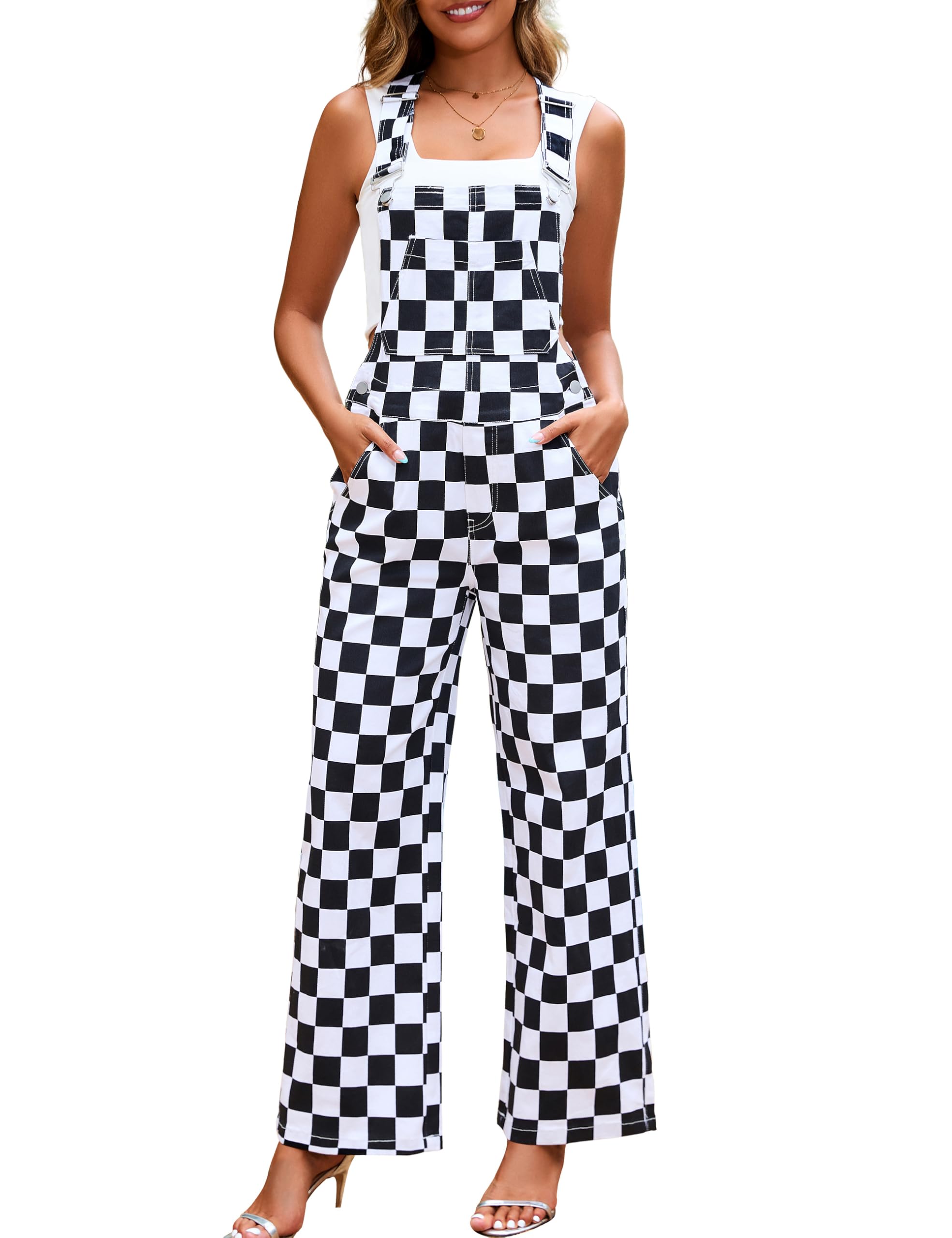 Overol para mujer de ajuste holgado, a cuadros, pantalones de pierna recta, overoles elásticos