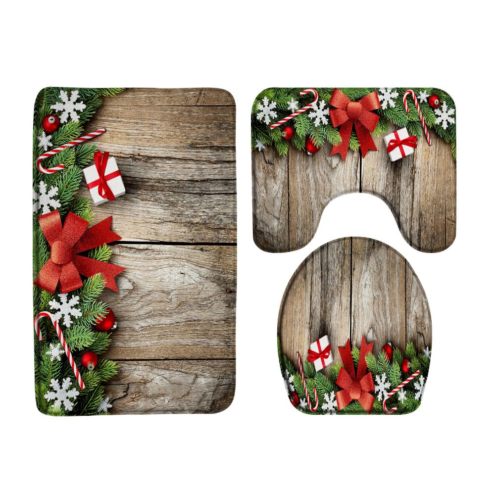 AMHNF 3 Piece Rustic Christmas Bath Mat Sets Vintage Barn Door Farmhouse Pine Twig Christmas Garland Retro Winter Holiday Bathroom Doormat Rugs,Toilet Seat Cover,U-Shaped Floor Mat