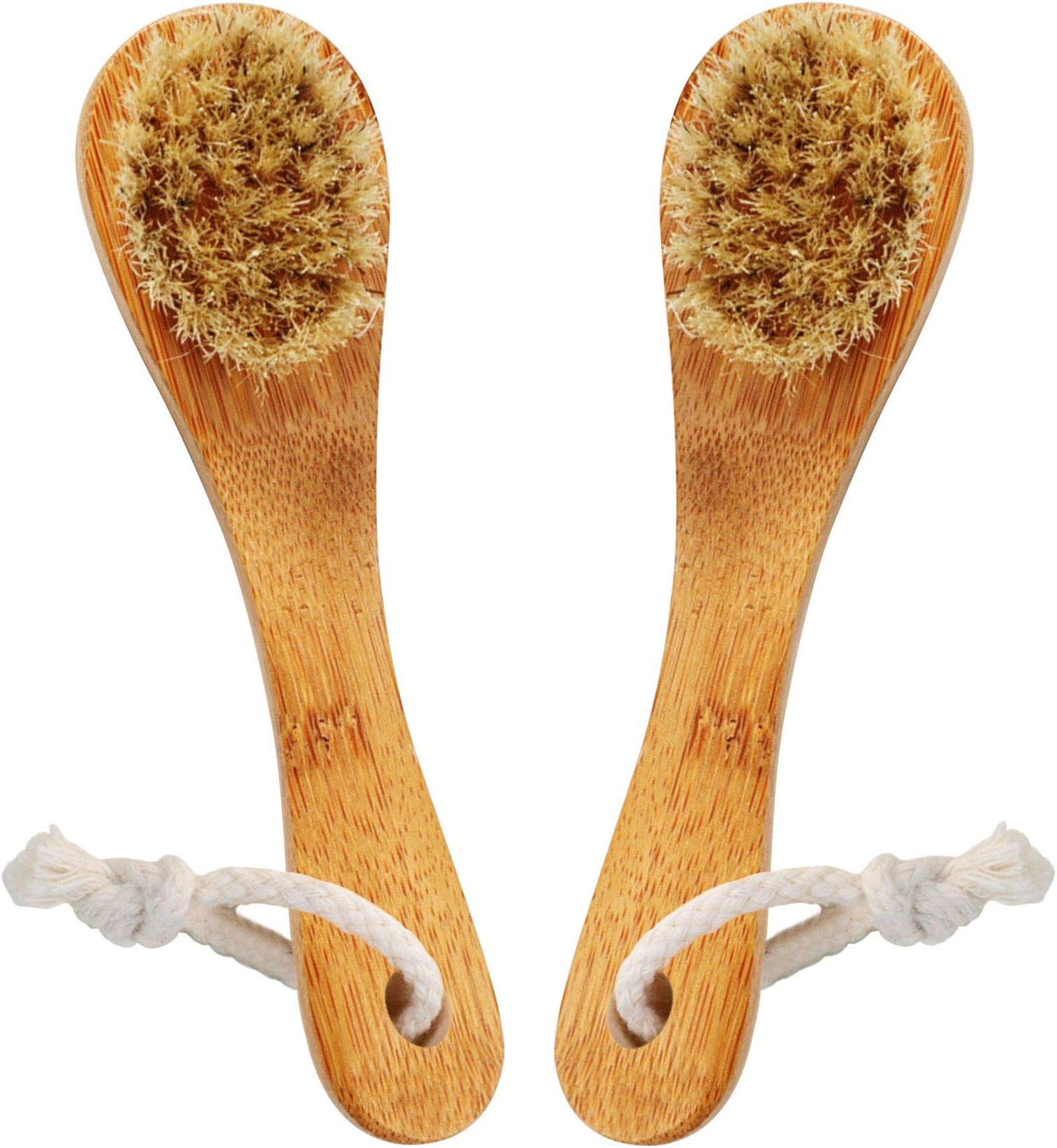 Facial Cleansing Brush - Natural Bristles Wooden Handle - Exfoliating -for Dry Skin Brushing - 2 Pack