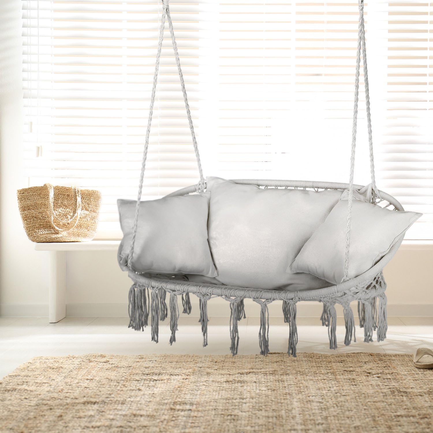 Fauteuil Suspendu 2 Personnes XXL avec 3 Coussins, Chaise Suspendue de jusqu'à 200 kg, Siège Suspendu Exterieur et Intérieur pour 2 Place, Fauteuil Balancoire Bohème, Ideal pour Jardin, Gris