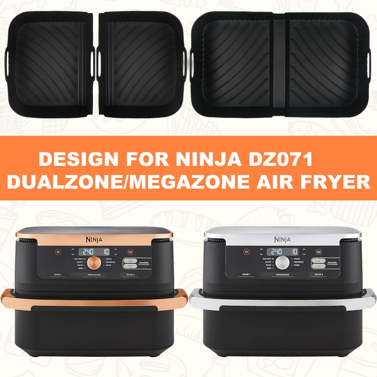 YJWYDM Air Fryer Silicone Liners for Ninja DZ071, 3 Pack Reusable 7-QT DualZone Megazone Air Fryer Accessories, 2 Pcs Liners for Dual 3.5QT Baskets 1 Pcs Liner for 7-QT Megazone Basket