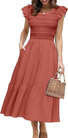Simplee Womens Summer Midi Dress Casual Boho Smocked Waist Flutter Sleeve A Line Flowy Tiered Dress with Pockets