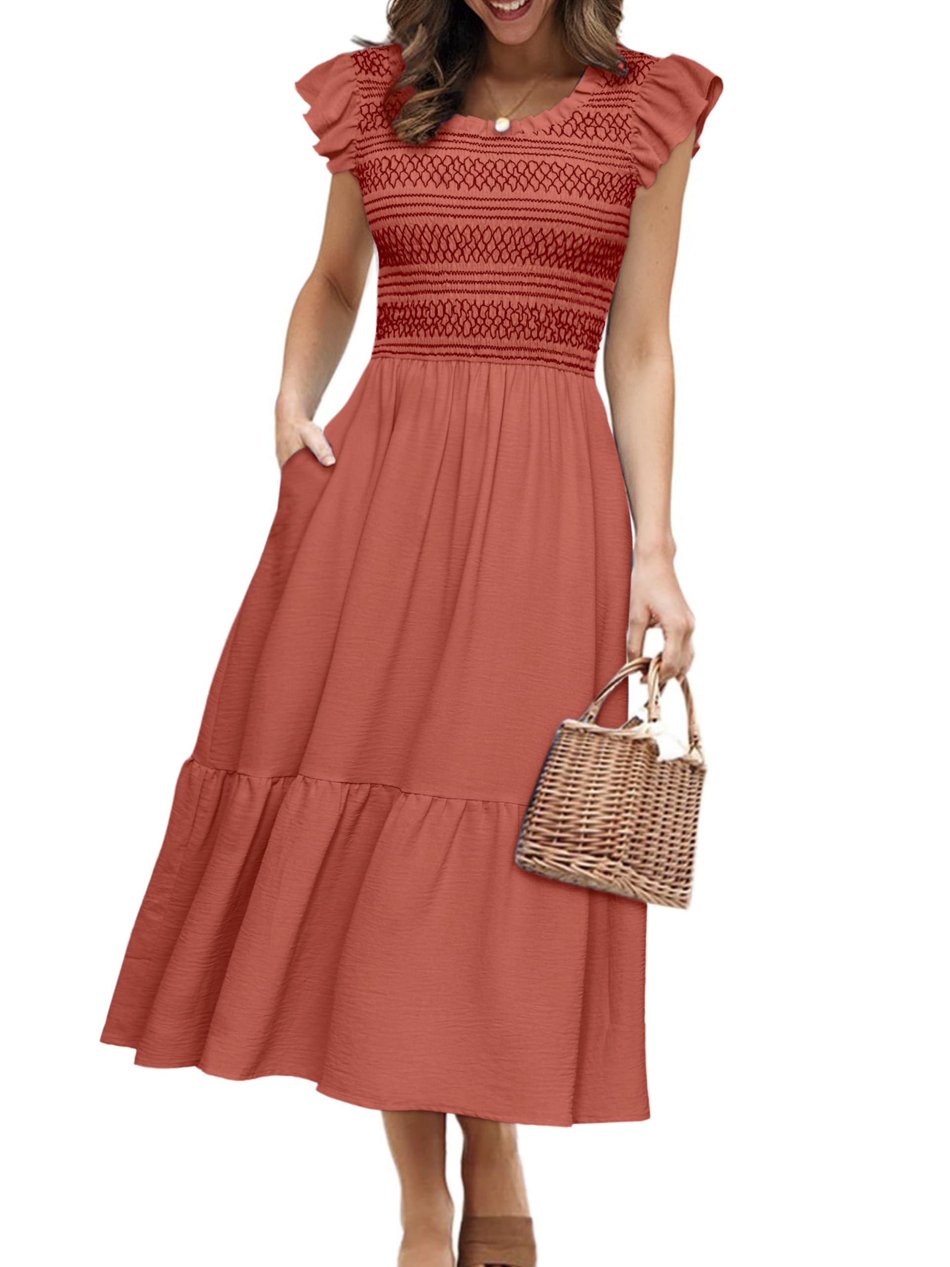 Simplee Womens Summer Midi Dress Casual Boho Smocked Waist Flutter Sleeve A Line Flowy Tiered Dress with Pockets