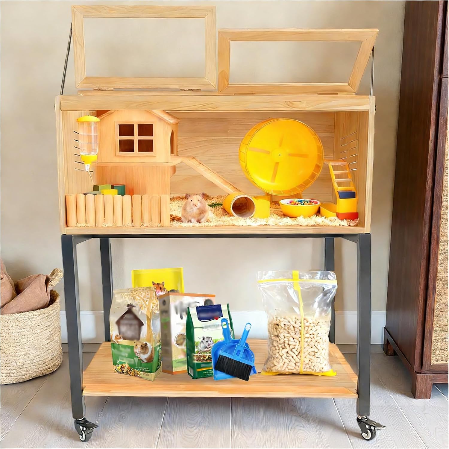 Hamster Cage with Storage, Wooden Hamster Cage, Pine, Guinea Pig Cages, 31.5"L x 15.7"W x 38.0"H, 2 Tiers Movable Large Hamster Cages with Storage Shelf for Guinea Pig, Chinchilla, Rat, Bunny, etc.