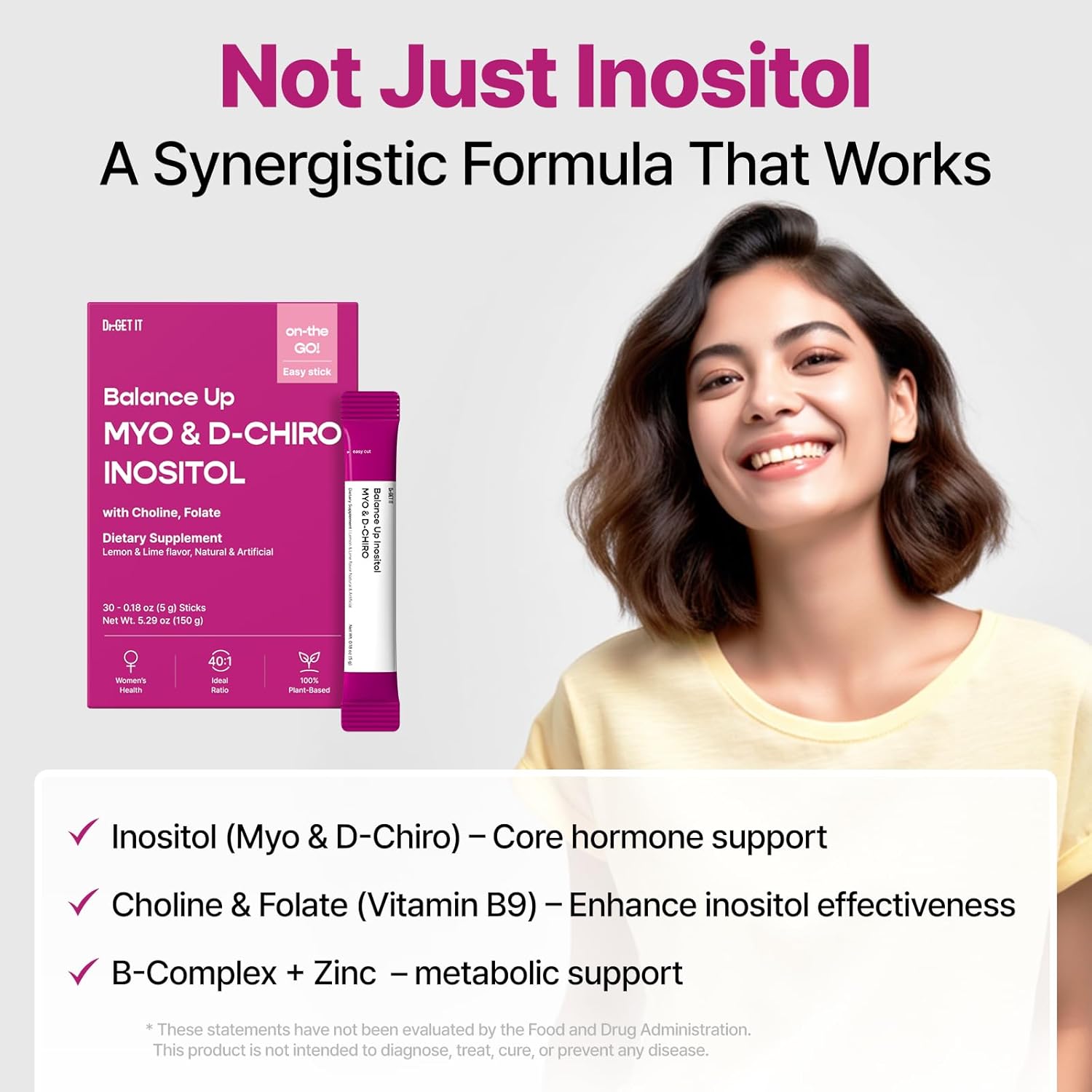 Balance Up Inositol 40:1 Myo & D-Chiro with Folate(Vitamin B9) & Choline – Hormone Balance & Reproductive Health Support for Women – Lemon Lime Stick Powder, 30 Servings