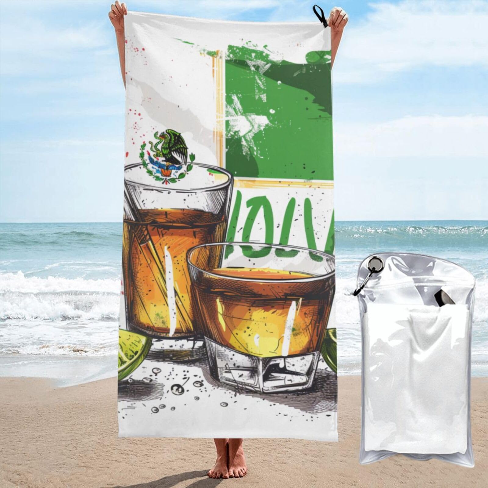 BWWHCCTI mexico flag and tequila Printed Microfiber Quick Dry Beach Towel 70x140 CM, Fast Drying Bath Towels with Bags for Travel,Camping,Gym,Beach,Swimming,Yoga