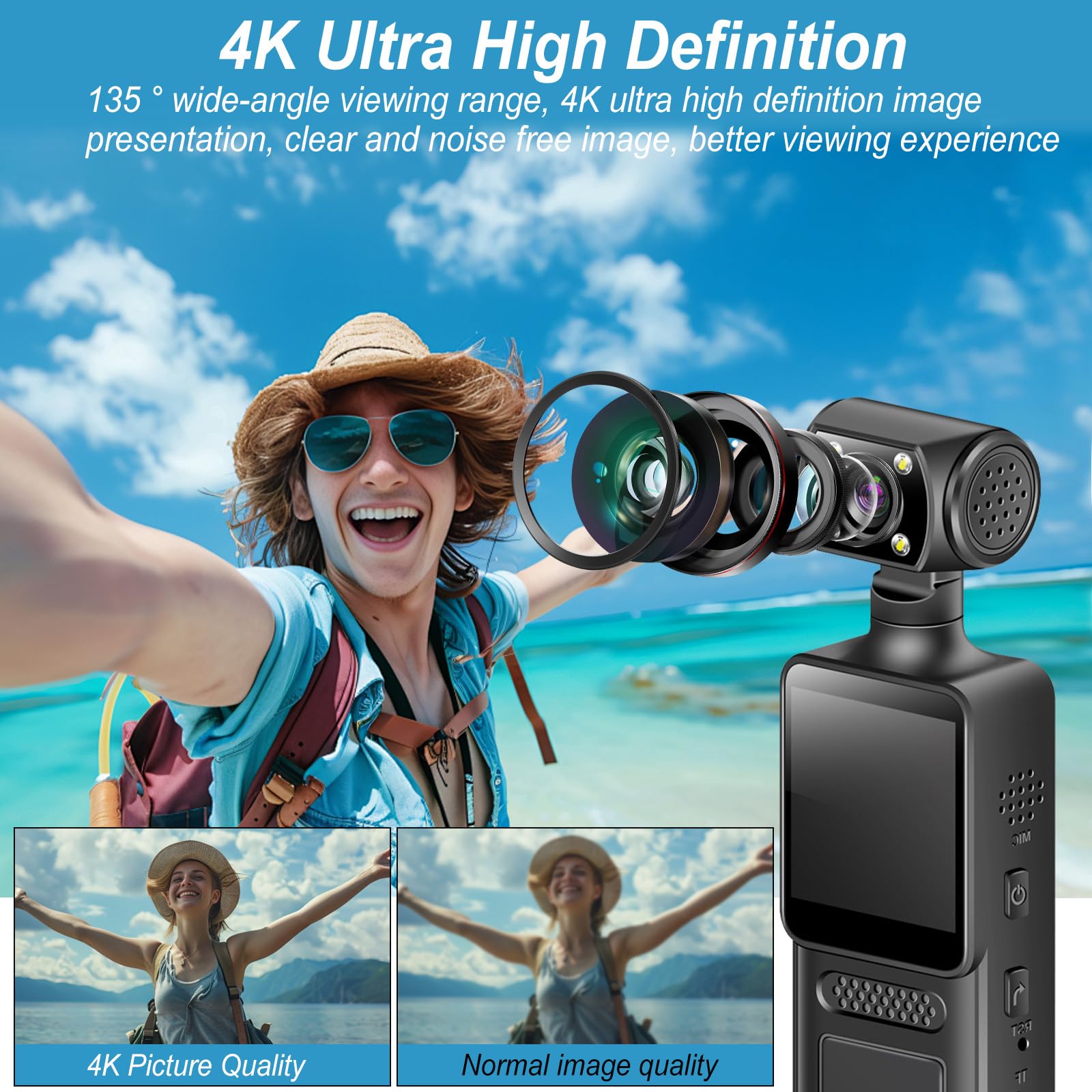 4K Körperkamera, POV/Vlog/Pocket Kamera mit 180° Drehbares Objektiv, Tragbare Body Camera, Pocket Kamera für Sport im Freien, Fahrrad, Reisen, Polizei, Outdoor & Beruf