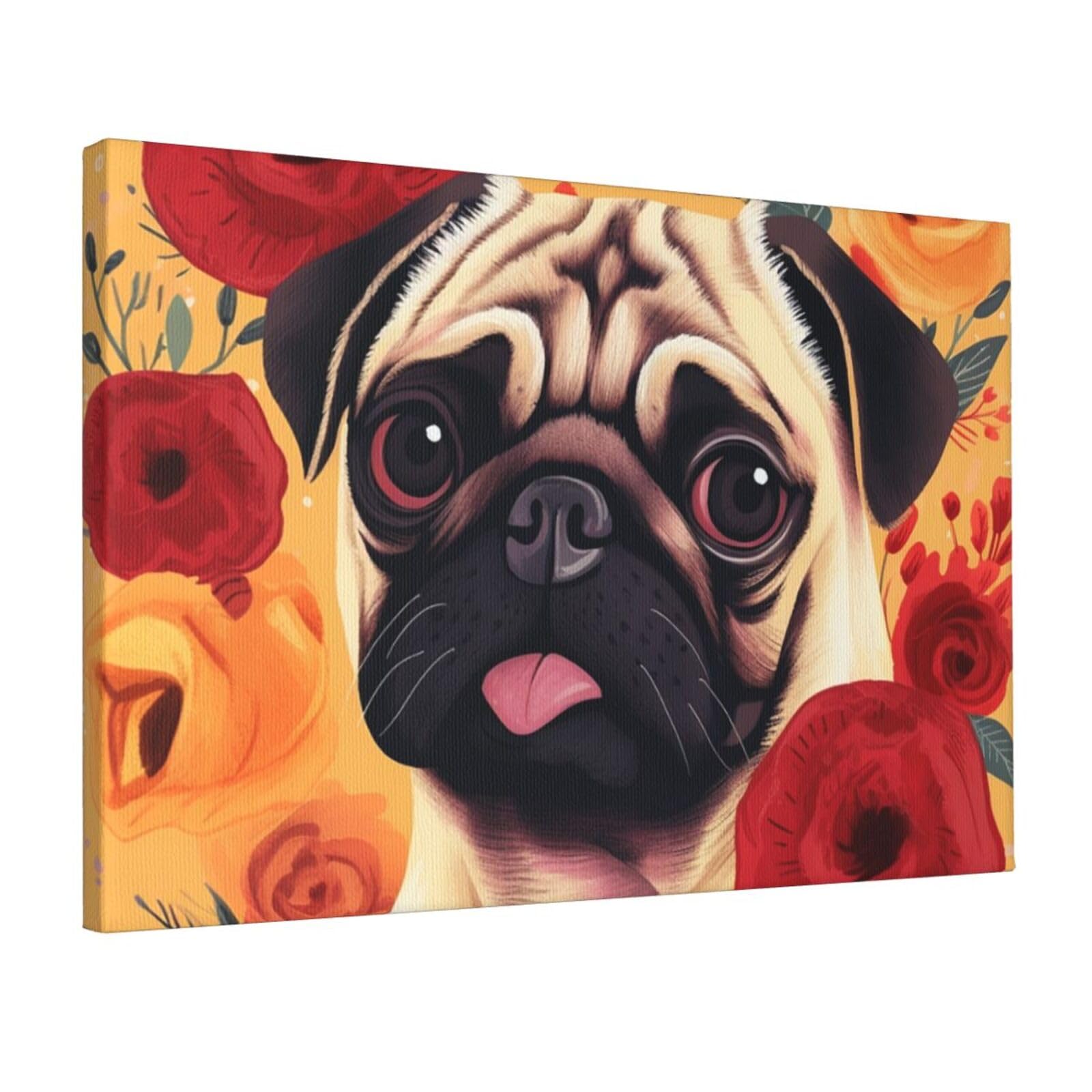 KLOPH Pug Flower Canvas Wall Art for Living Room 12"x18" Modern Artwork Painting for Bathroom Hanging Canvas Prints Aesthetic Wallart for Bedroom Kitchen Office Wall Decor