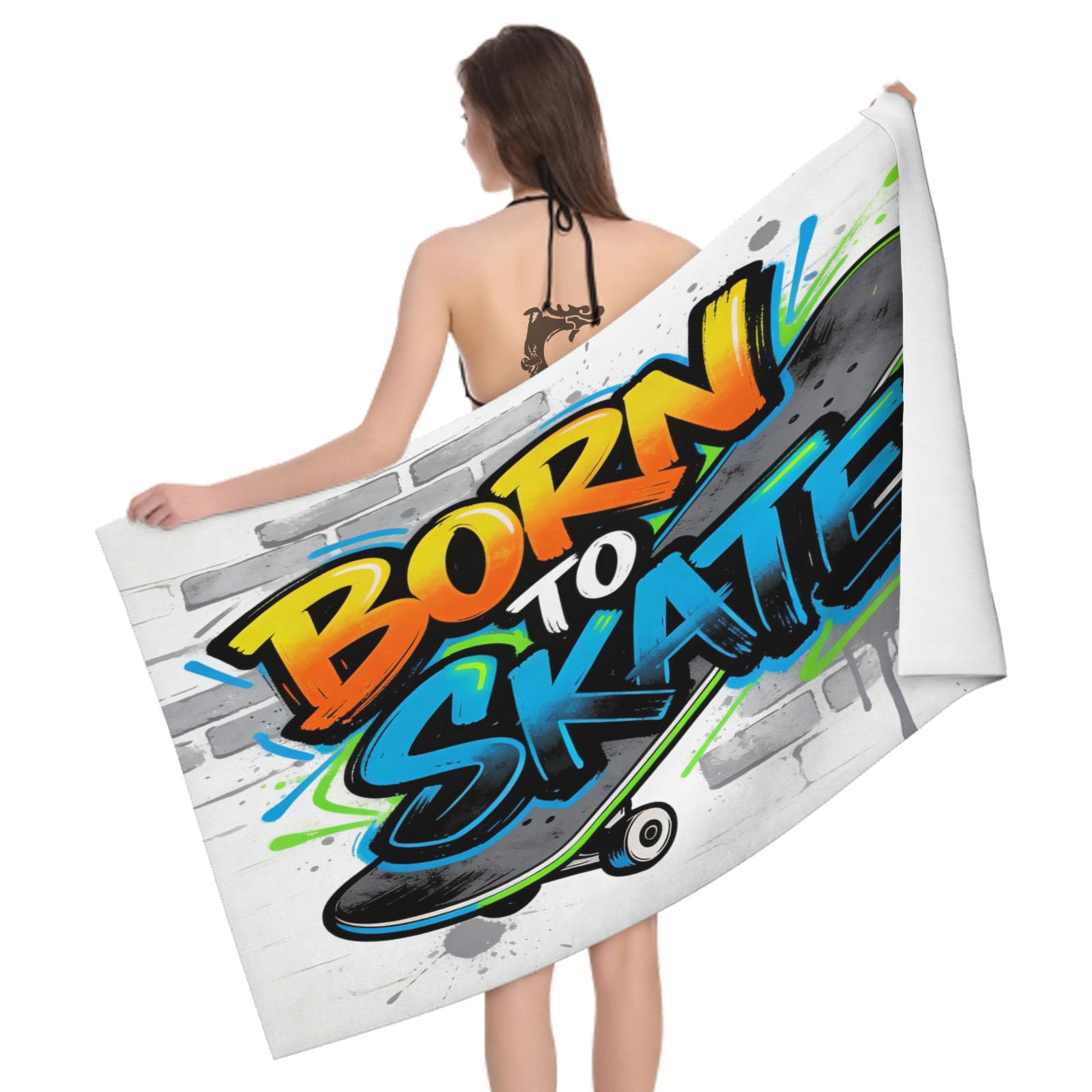 Leichong 3D Skateboard Beach Towel Microfiber Soft Quick Dry for Adults, Ink Splash Effect Bath Towel Lightweight Soft Absorbent for Travel Swimming Pool Sports, 75 x 150 cm