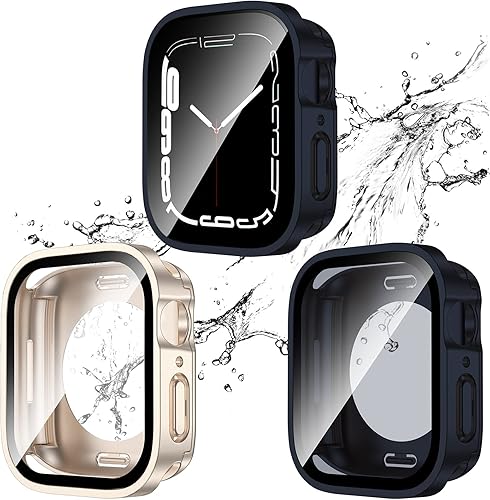 Paquete de 2 fundas impermeables 2 en 1 para Apple Watch Series 9, 8, 7, 1.614 in, borde recto, parachoques delantero y trasero de PC con protector