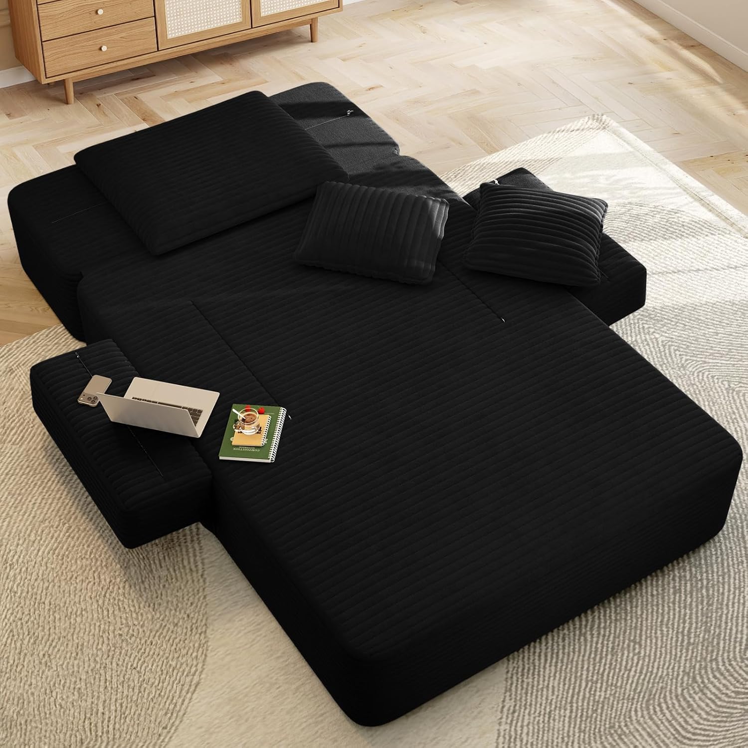 60.2"D Oversized Chaise Lounge Chair Indoor, 2-in-1 Corduroy Comfy Boneless Sofa Chair with Flipable Armrest & Backrest & Side Pocket, Cloud Sleeper Sofa Couch Bed for Living Room, Bedroom(Black)