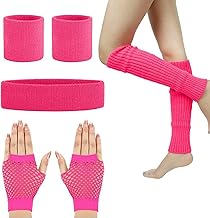 ZOCONE 80s Costumes Accessories 80s Women Fancy Dress Pink Accessories Set Leg Warmers Knit Neon Headband Wristbands Retro 1980s Theme Party Costumes