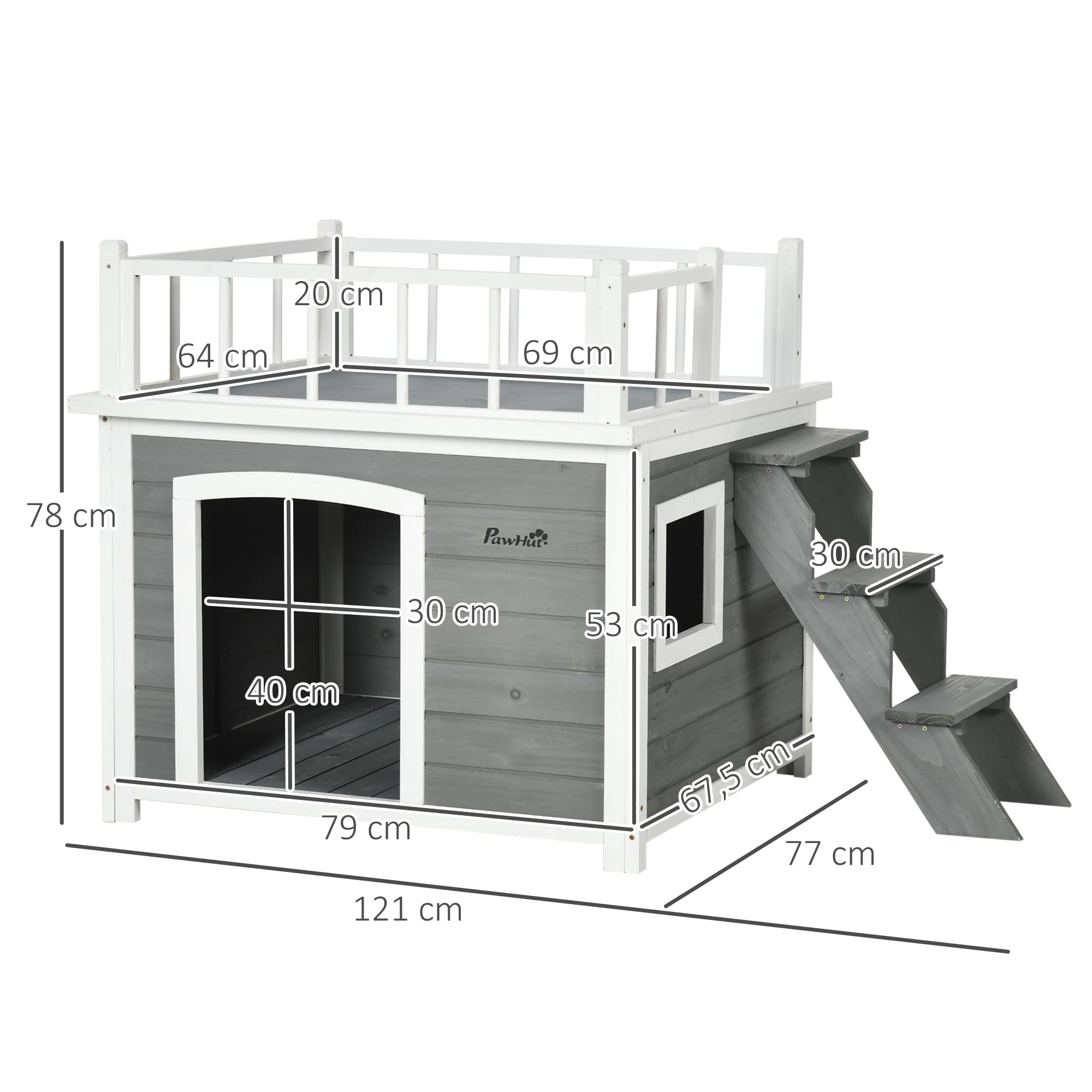 PawHut caseta para Perros con balcón, caseta elevada para Animales pequeños con Escalera, Ventana, Cueva para Perros medianos y Grandes, Madera de Abeto, Gris Claro, 121 x 77 x 78 cm