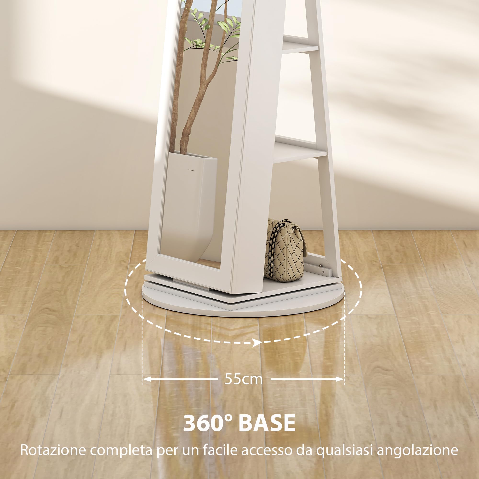 HOMCOM Specchio Portagioie Girevole a 360°, Armadietto Portagioie con Serratura con Chiave, Specchio a Figura Intera con 3 Ripiani sul Retro e 2 Cassetti, 55x55x161 cm, Bianco