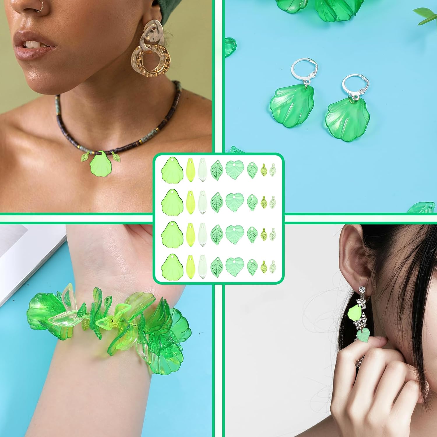 Green Acrylic Leaf Beads, 320 Pcs Transparent Leaf Charms Acrylic Beads Funky Plant Charms Leaves Pendants Cute Green Leaves Bead Caps for Jewelry Making DIY Craft Women Earring Necklace Anklet - Image 7