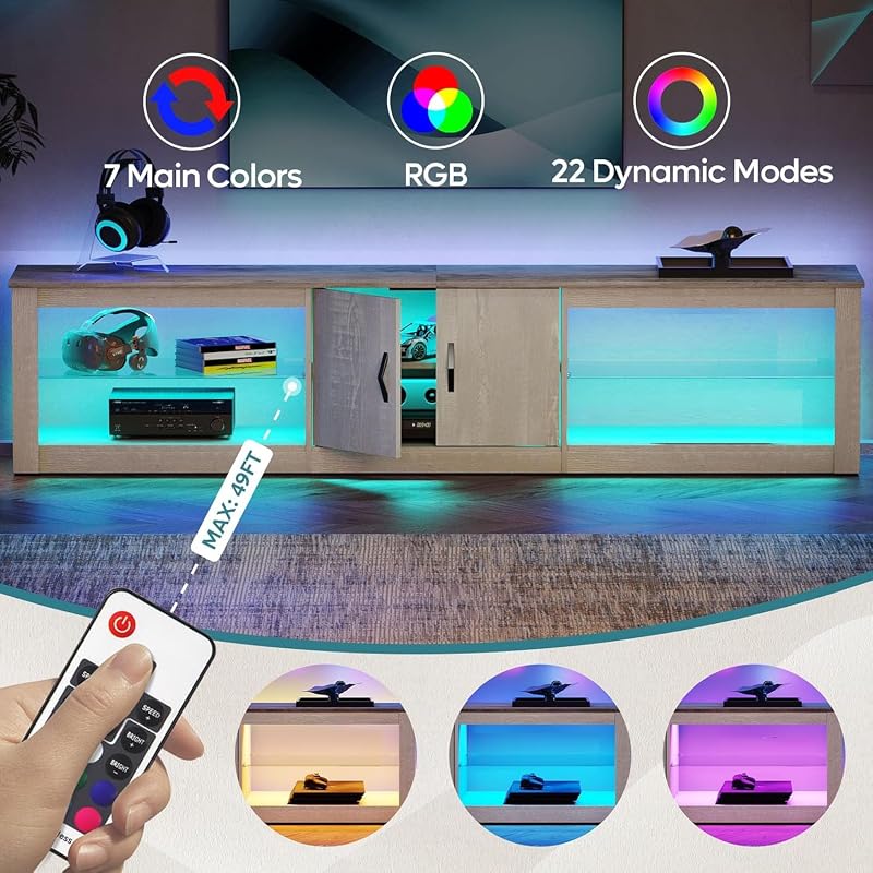 Bestier 80 Inch TV Stand for 75/77/85/86 inch TVs, LED Gaming Entertainment Center for PS5 with Storage Cabinet &Adjustable Glass Shelves, Modern TV Console Table for Living Room Bedroom, Wash White image 3