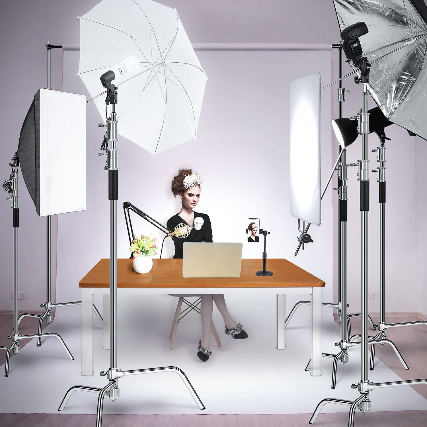 Bonnlo C Ständer, 150-300cm C Stand Stativ verstellbares Edelstahl-Stativ mit Auslegerarm für Fotoschirme, Reflektoren, Softboxen und Lampen